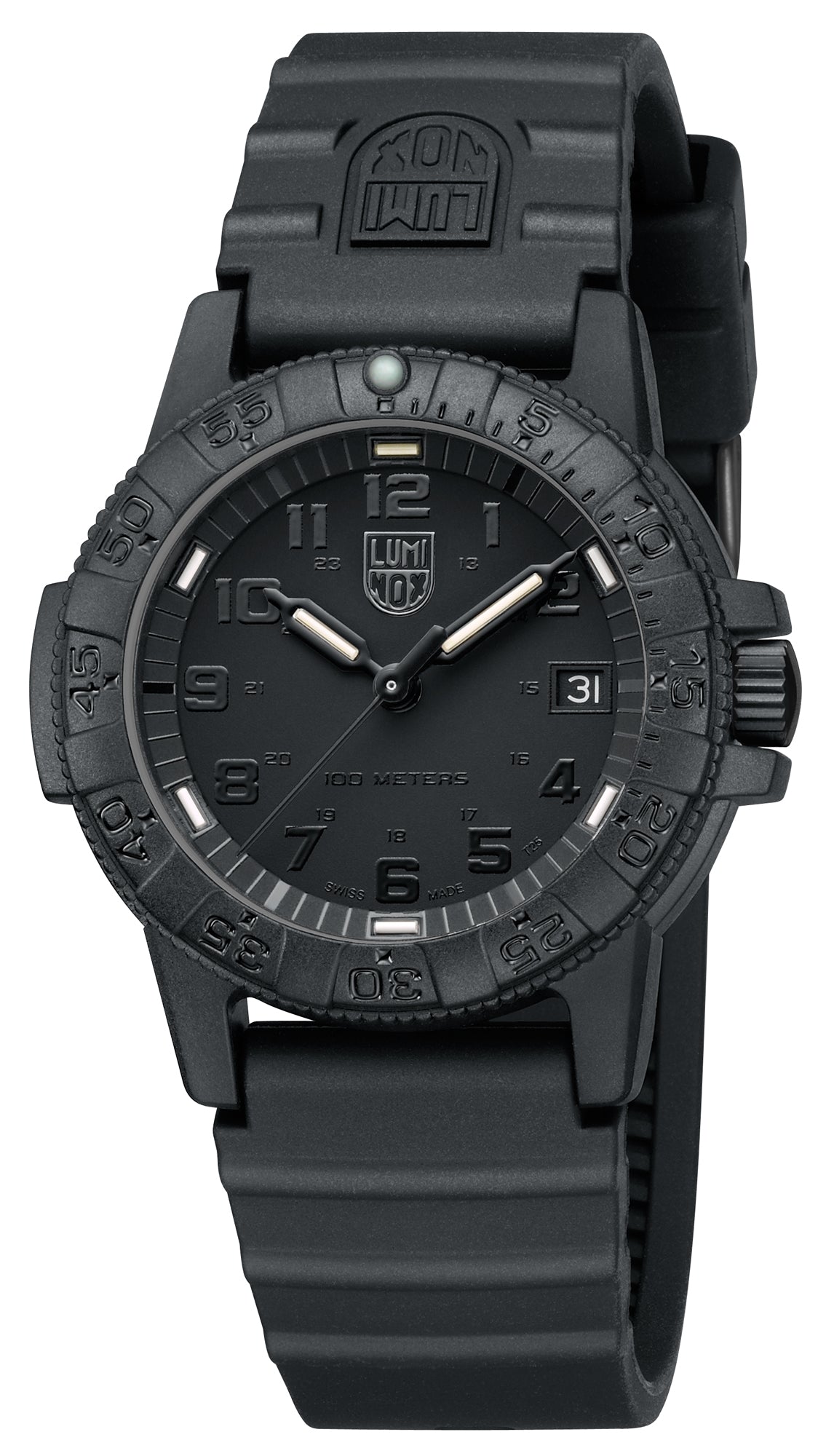 Close-up perspective of the Luminox Canada Leatherback Sea Turtle 0301.BO Swiss Watch highlighting the texture and design. Main Characteristics Swiss Made Constant Glow for up to 25 years in any light condition 39mm Diameter 100 meters Water Resistance, 10 ATM, 330 Feet, Individually Tested Ronda 515, Swiss quartz movement Carbon Compound / Fiberglass Compound, with Crown protection Case Uni-directional rotating Bezel with Super-LumiNova dot at 12H Black Carbon Compound Back Case Hardened Mineral Crystal Do