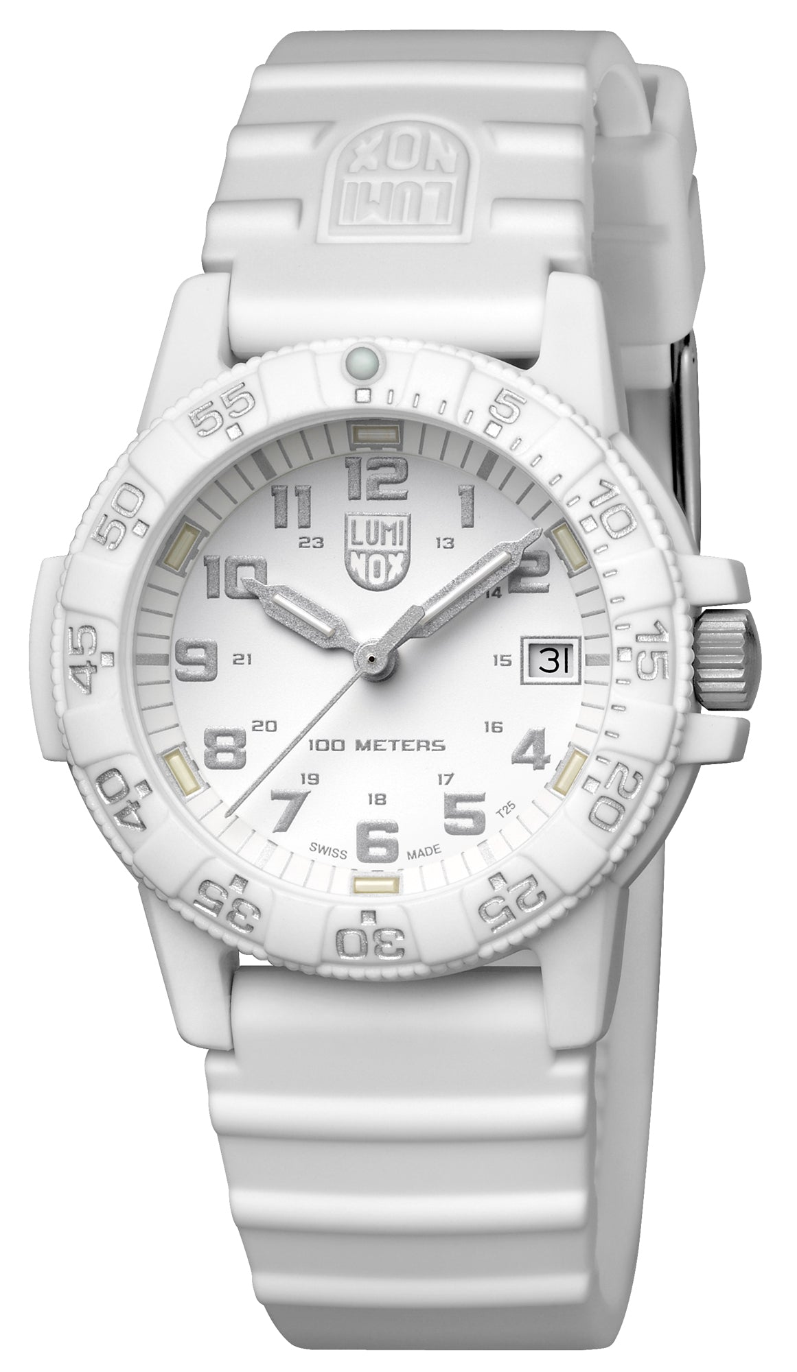 Close-up perspective of the Luminox Canada Leatherback Sea Turtle 0307.WO Swiss Watch highlighting the texture and design. 39 mm Carbon Compound case and case back Carbon Compound unidirectional ratcheting bezel with Super-LumiNova at 12H White Fiberglass Compound case with stainless steel case back White Fiberglass Compound unidirectional ratcheting bezel with Super-LumiNova at 12H Tempered scratch resistant mineral crystal Swiss quartz movement Water resistant to 100 meters Signature black PU strap wi