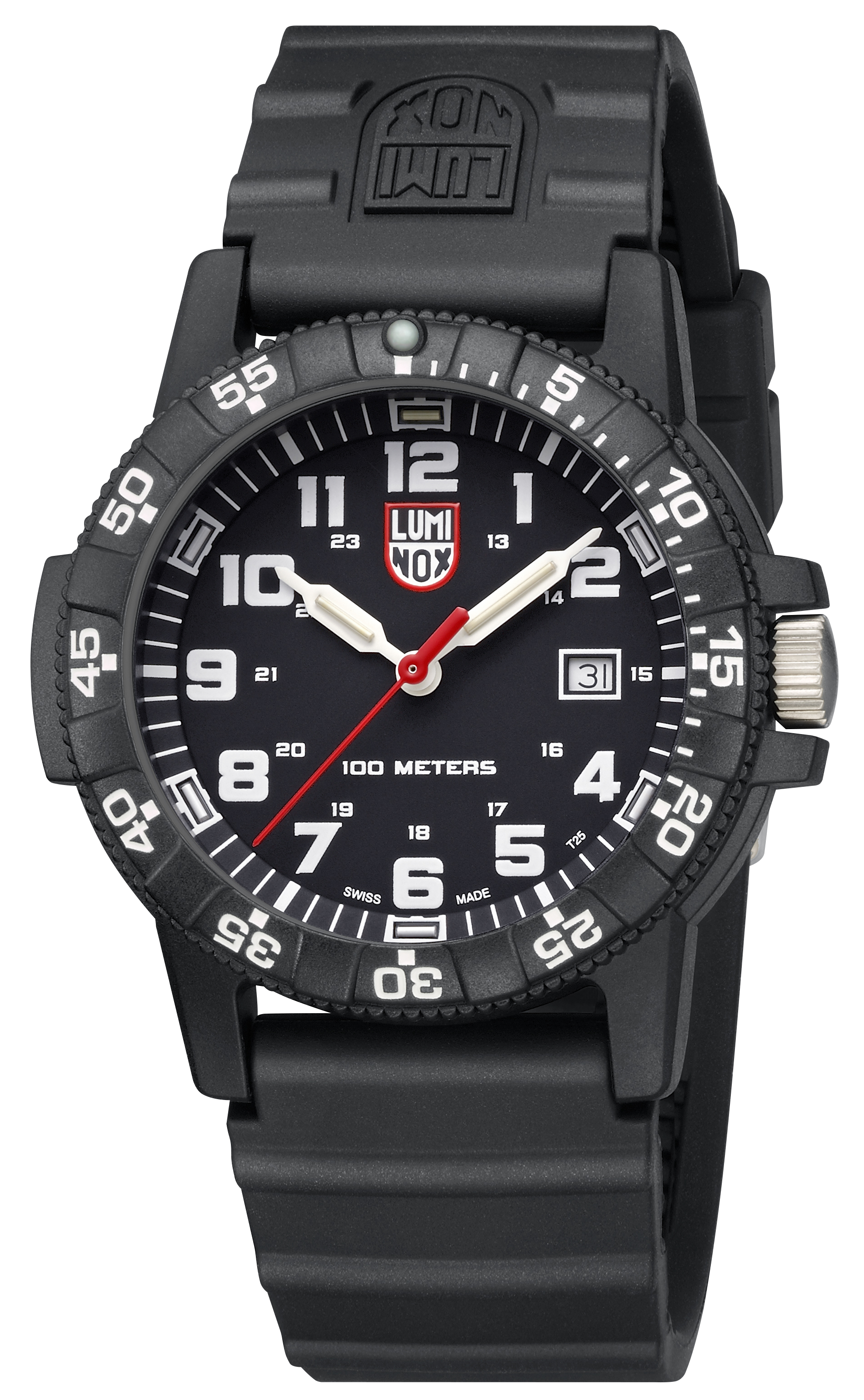 Close-up perspective of the Luminox Canada Leatherback Sea Turtle Giant 0321.L Swiss Watch highlighting the texture and design. At night, this function is taken over by the proven Luminox Light Technology lighting system.