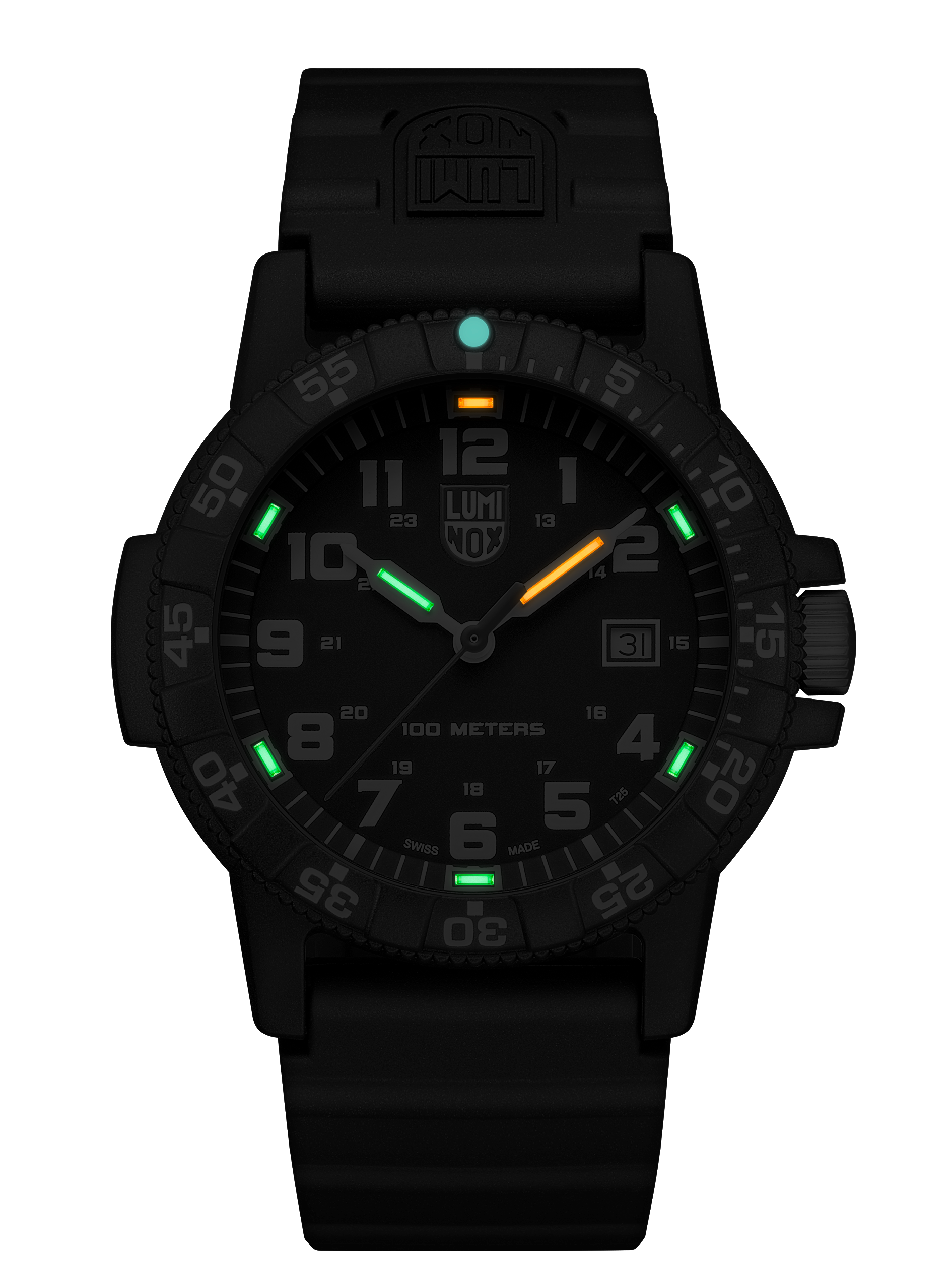 Detailed craftsmanship view of the Luminox Canada Leatherback Sea Turtle Giant 0321.L Swiss Watch. The black dial with white numerals ensures maximum readability during the day.
