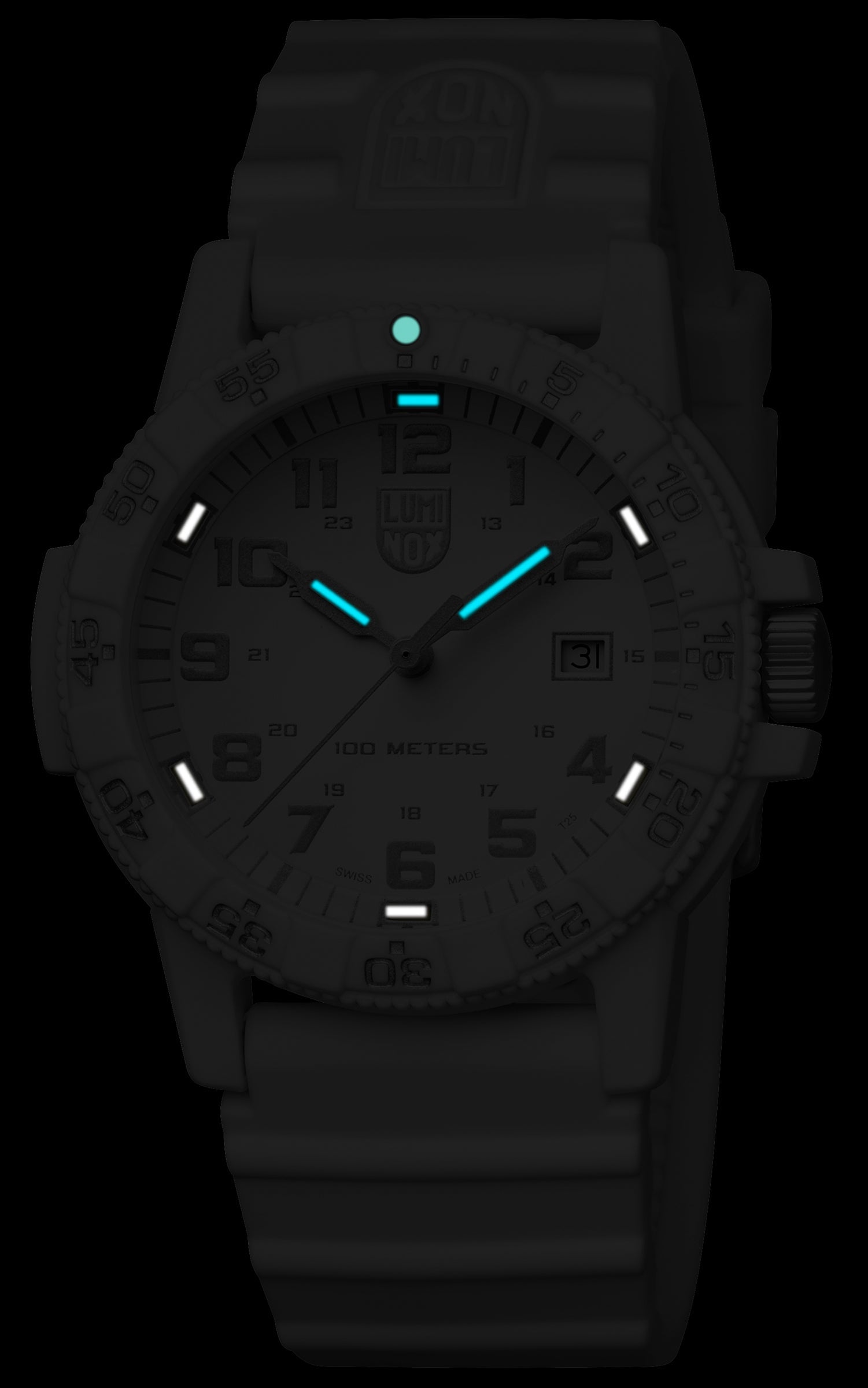 Detailed craftsmanship view of the Luminox Canada Leatherback Sea Turtle 0307.WO Swiss Watch. 39 mm Carbon Compound case and case back Carbon Compound unidirectional ratcheting bezel with Super-LumiNova at 12H White Fiberglass Compound case with stainless steel case back White Fiberglass Compound unidirectional ratcheting bezel with Super-LumiNova at 12H Tempered scratch resistant mineral crystal Swiss quartz movement Water resistant to 100 meters Signature black PU strap with stainless steel signature