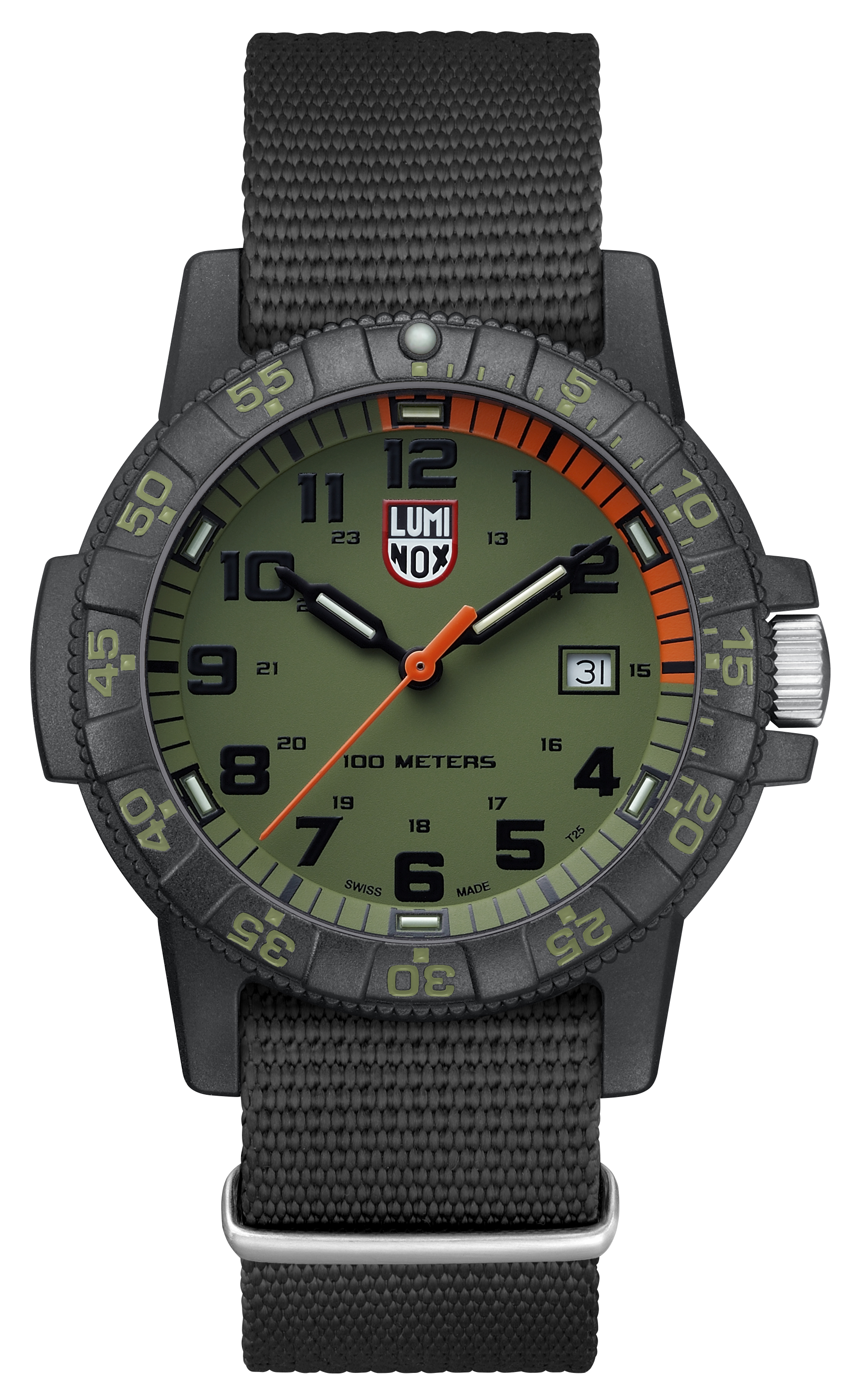 Alternate product view of the Luminox Canada Leatherback Sea Turtle Giant 0337 Swiss Watch. 44 mm Carbon Compound case and case back Carbon Compound unidirectional ratcheting bezel with Super-LumiNova at 12H Tempered scratch resistant mineral crystal Swiss quartz movement Water resistant to 100 meters Signature black PU strap with stainless steel signature buckle Luminox self-powered illumination on hands and at 2, 4, 6, 8, 10, 12H Swiss Made Replacement Strap FNX.2201.20Q.K Manual  GGM.L002.GMT 2 Year