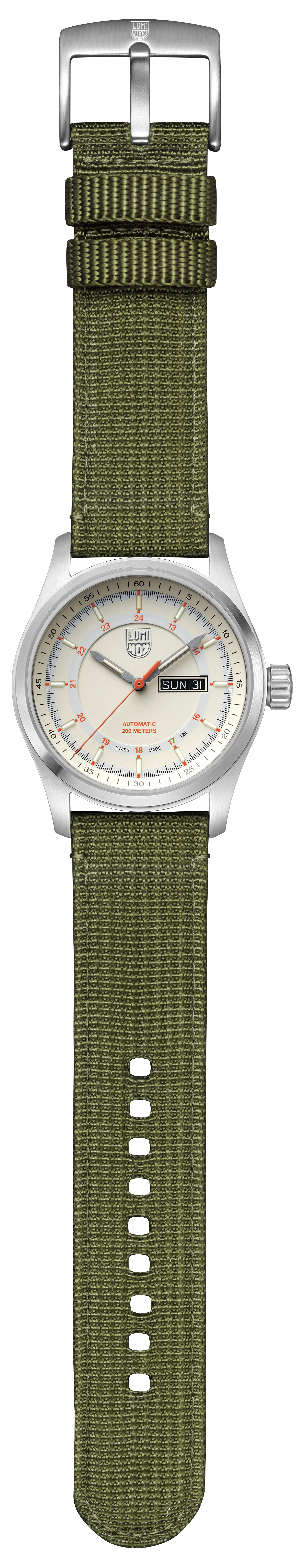 Lifestyle display layout for the Luminox Canada Atacama Field Automatic 1907.NF Swiss Watch. The Atacama Field Series blends the functionality of a modern Swiss timepiece with an updated retro look for the ultimate incarnation of an iconic design.