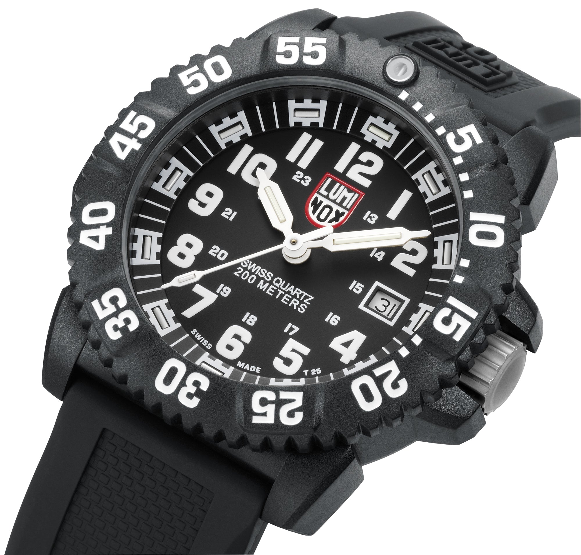Close-up perspective of the Luminox Canada Navy SEAL Colormark XS.3051 Swiss Watch highlighting the texture and design. 44 mm Carbon Compound case and case back Carbon Compound unidirectional ratcheting bezel Tempered scratch resistant mineral crystal Water resistant to 200 meters Signature black PU strap with stainless steel signature buckle Luminox self-powered illumination Swiss Made Replacement Strap FPX.3050.20Q.2.K Manual GGM.L002.GMT 2 Year Limited Warranty 10 Year Warranty for Tritium Tubes