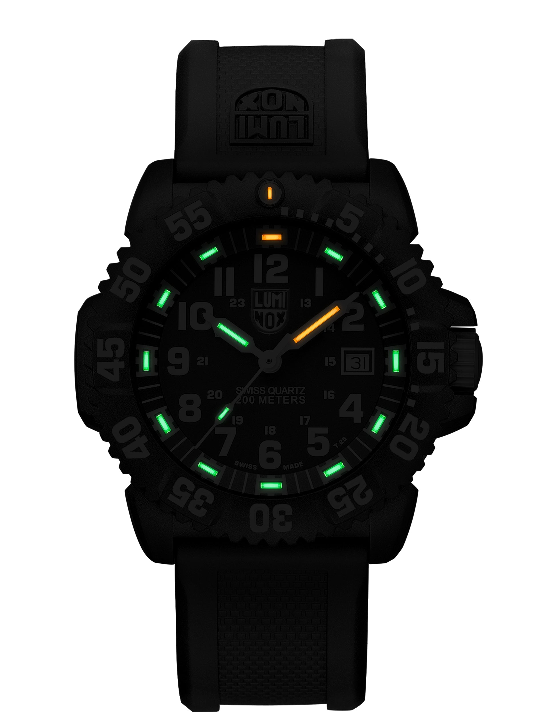 Detailed craftsmanship view of the Luminox Canada Navy SEAL Colormark XS.3051 Swiss Watch. 44 mm Carbon Compound case and case back Carbon Compound unidirectional ratcheting bezel Tempered scratch resistant mineral crystal Water resistant to 200 meters Signature black PU strap with stainless steel signature buckle Luminox self-powered illumination Swiss Made Replacement Strap FPX.3050.20Q.2.K Manual GGM.L002.GMT 2 Year Limited Warranty 10 Year Warranty for Tritium Tubes