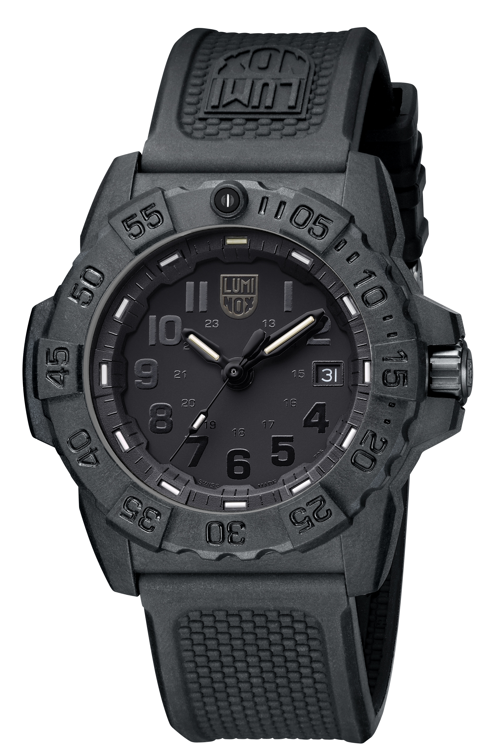 Alternate product view of the Luminox Canada Navy SEAL 3501.BO.F Swiss Watch. The black in black dial is equipped with the proven Luminox Light Technology lighting system.