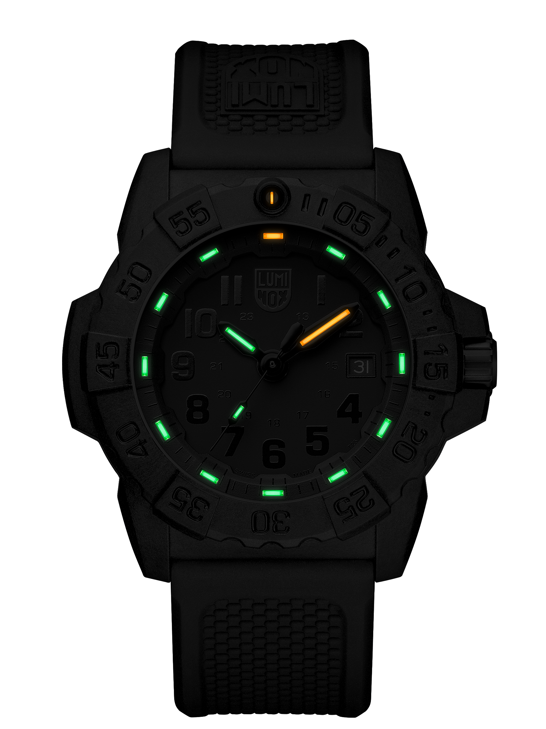 Detailed craftsmanship view of the Luminox Canada Navy SEAL 3501.BO.F Swiss Watch. The black in black dial is equipped with the proven Luminox Light Technology lighting system.