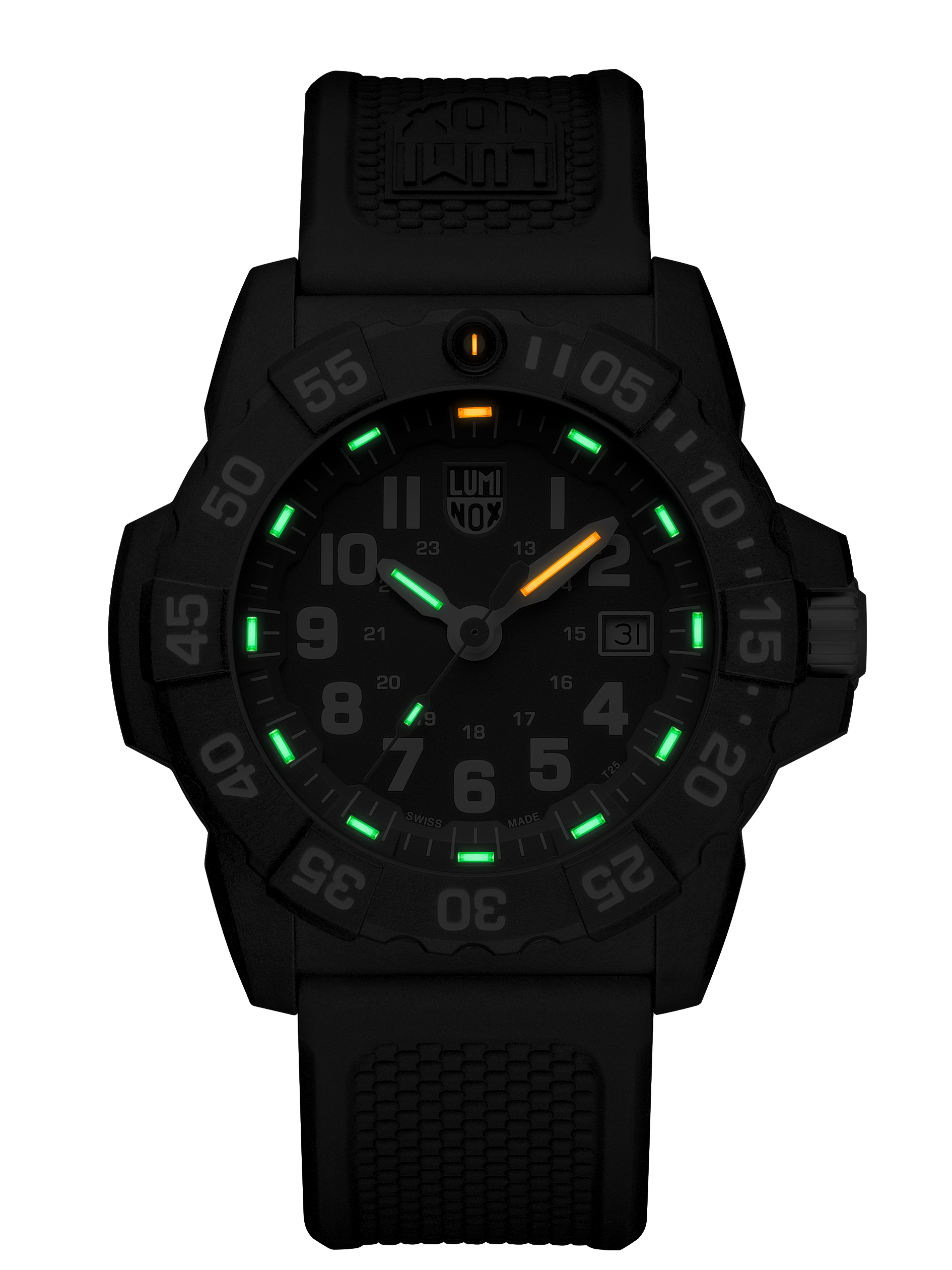 Detailed craftsmanship view of the Luminox Canada Navy SEAL 3503.F Swiss Watch. Main Characteristics Swiss Made Constant glow for up to 25 years in any light condition 45 mm Diameter 200 meters Water Resistance, 20 ATM, 660 feet, individually tested Ronda 515, Swiss Quartz Movement 395 / 50 months Battery Life CARBONOXâ„¢ Black Case, with crown protection Uni-directional Rotating Bezel fitted with LLT protected by sapphire crystal at 12 H Stainless Steel, screw on Back Case Hardened Mineral Crystal Doub
