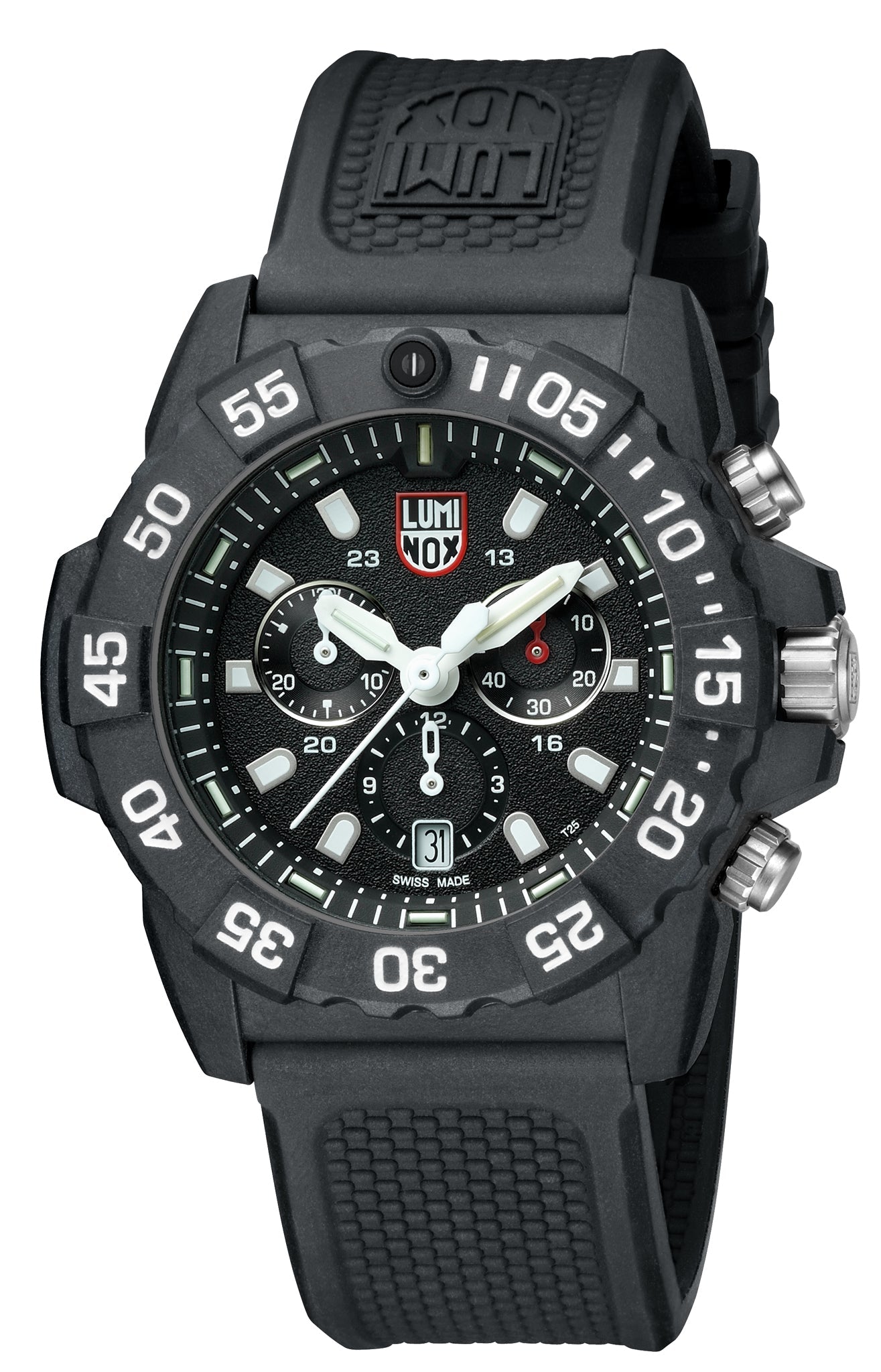 Detailed craftsmanship view of the Luminox Canada Navy SEAL Chronograph 3581 Swiss Watch. Best readability during the day thanks to white lettering on a black background.