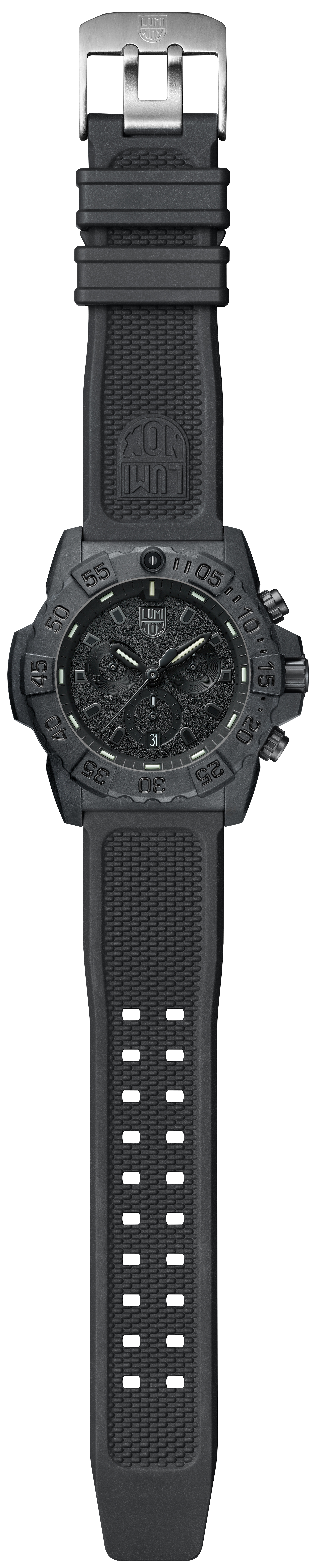 Alternate product view of the Luminox Canada Navy SEAL Chronograph 3581.BO Swiss Watch. 44 mm Carbon Compound case and case back Carbon Compound unidirectional ratcheting bezel Tempered scratch resistant mineral crystal Swiss quartz movement Water resistant to 200 meters Signature black NBR strap with stainless steel signature buckle Luminox self-powered illumination Swiss Made Replacement Strap FPX.2401.20B.1.K Manual GGM.L002.GMT GGM.L014 2 Year Limited Warranty 10 Year Warranty for Tritium Tubes