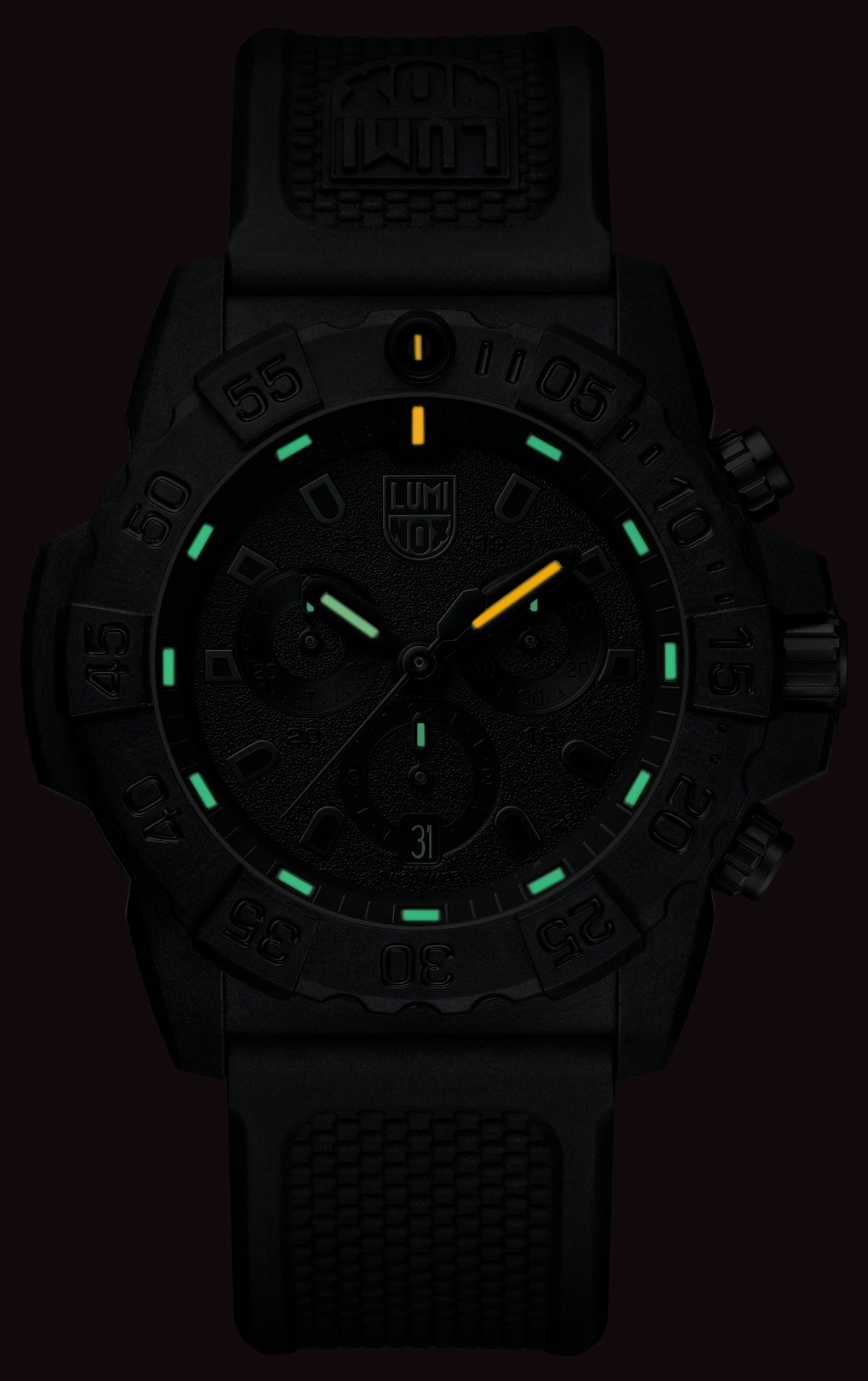 Detailed craftsmanship view of the Luminox Canada Navy SEAL Chronograph 3581.BO Swiss Watch. 44 mm Carbon Compound case and case back Carbon Compound unidirectional ratcheting bezel Tempered scratch resistant mineral crystal Swiss quartz movement Water resistant to 200 meters Signature black NBR strap with stainless steel signature buckle Luminox self-powered illumination Swiss Made Replacement Strap FPX.2401.20B.1.K Manual GGM.L002.GMT GGM.L014 2 Year Limited Warranty 10 Year Warranty for Tritium Tubes