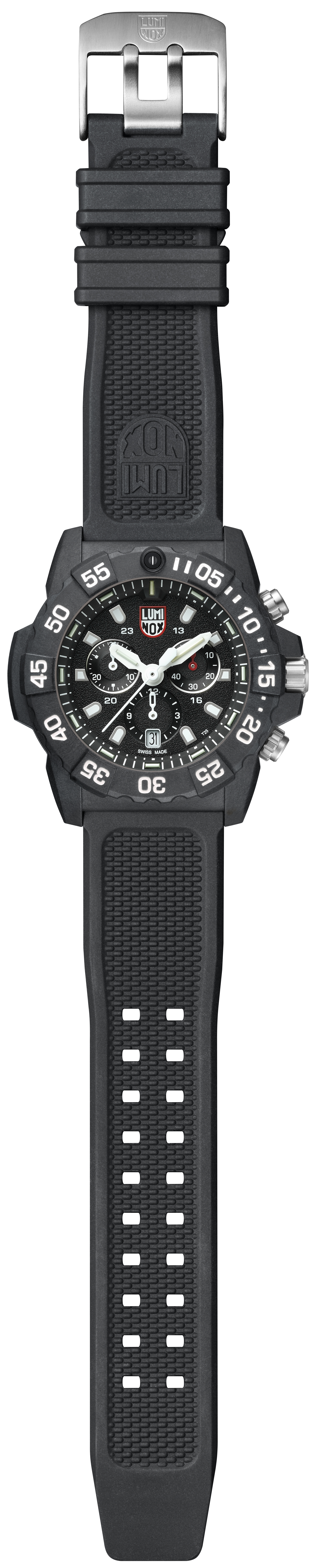 Close-up perspective of the Luminox Canada Navy SEAL Chronograph 3581 Swiss Watch highlighting the texture and design. At night thanks to the proven Luminox Light Technology lighting system.