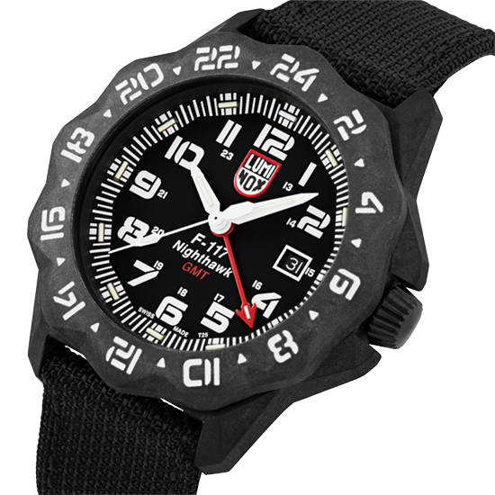 Lifestyle display layout for the Luminox Canada F-117 Nighthawk 6441 Swiss Watch. USAF pilots flying the F-117 Nighthawk Stealth jets approached Luminox to make watches for them.