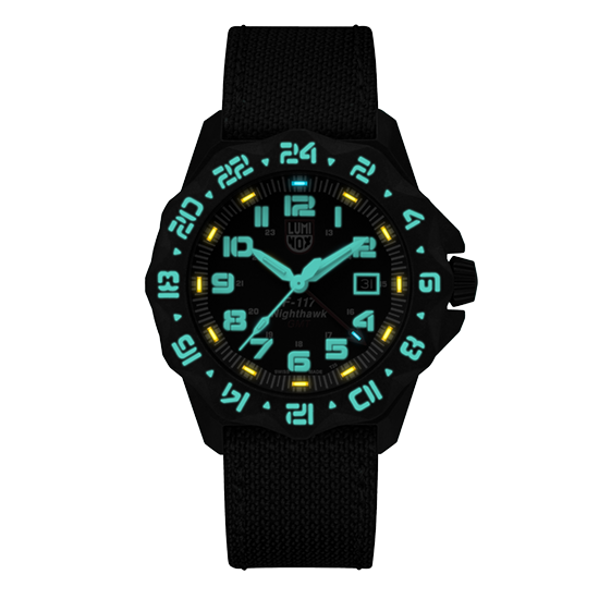 Detailed craftsmanship view of the Luminox Canada F-117 Nighthawk 6441 Swiss Watch. This series has a bold angular, design evoking the jet itself.