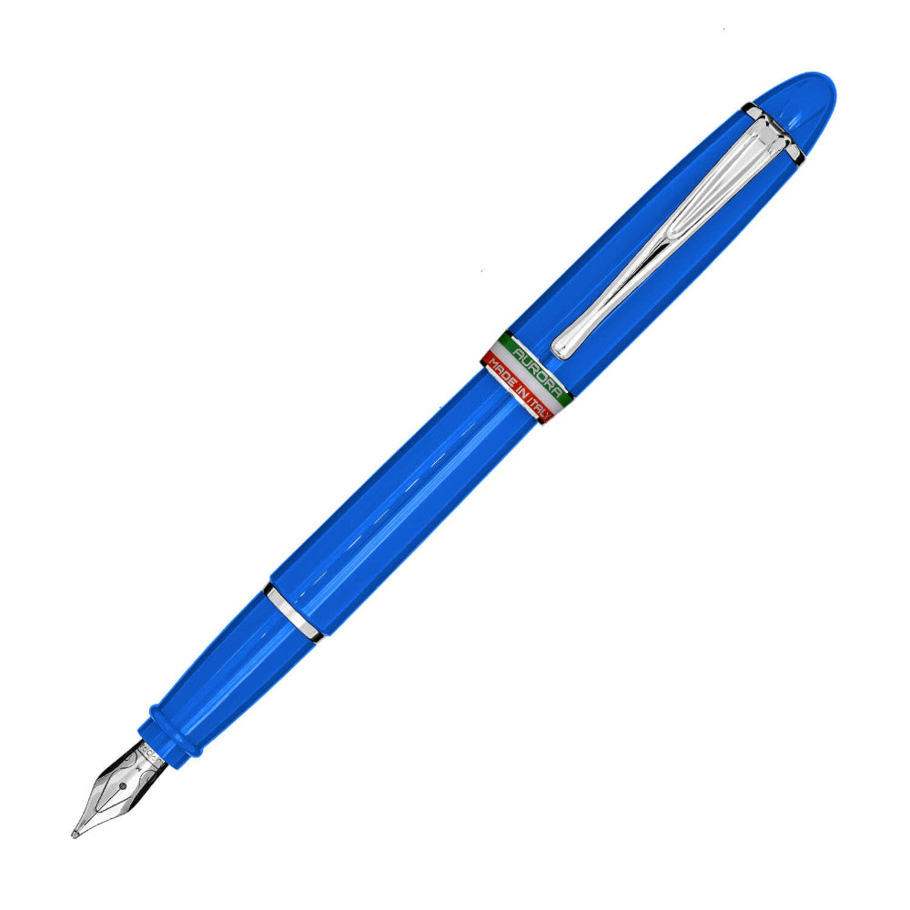 Discover the Aurora Ipsilon Italia Pen. Fountain pen, light blue cpa and barrel, chrome trims.
