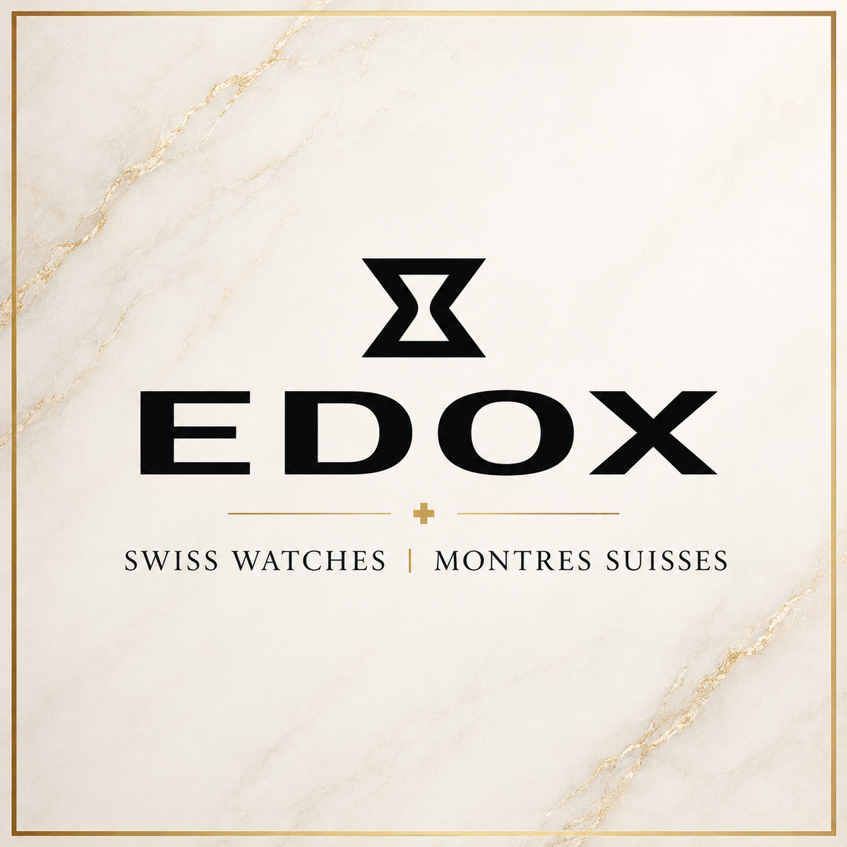 A square promotional graphic for EDOX Swiss Watches, featuring the brand name and logo in bold black text over a light beige marble background with subtle gold veining and a thin gold border. Click to shop Edox brand at Bijouterie Caprices - Laval