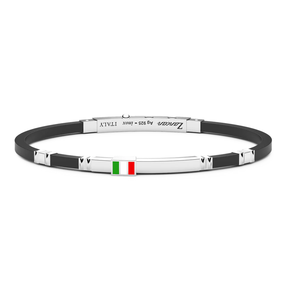 Black Silicone Bracelet with Silver Tag and Italian Flag