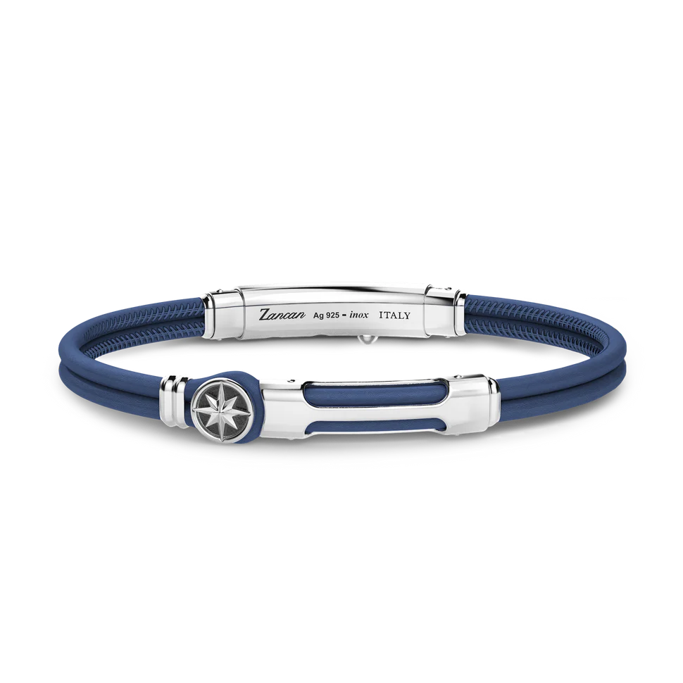 Blue Leather Bracelet with Silver Tag