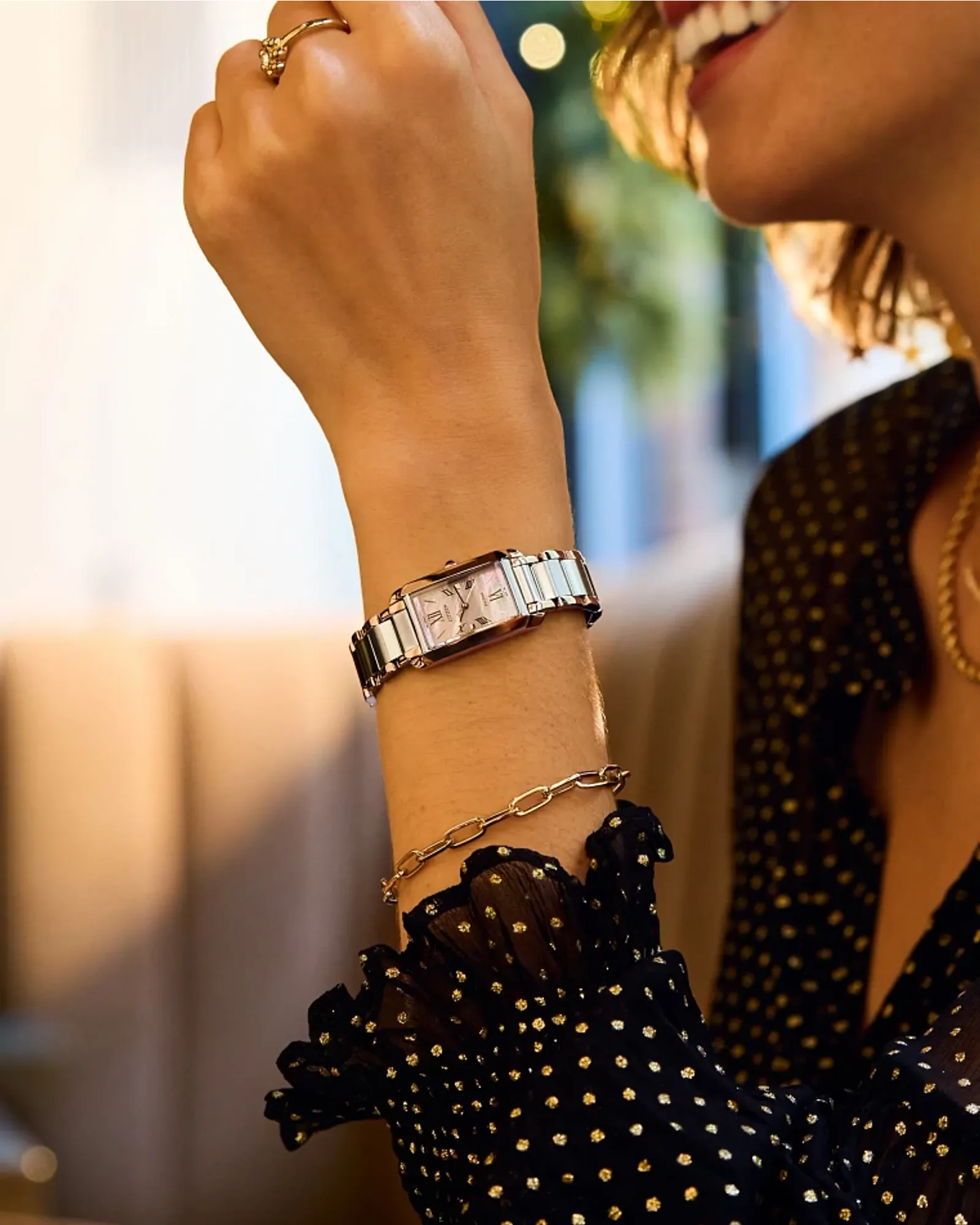 Lifestyle display layout for the Citizen Citizen L Bianca Ladies’ Watches. On its charming mother-of-pearl dial, alternating Roman and stick-style indices pair with a simple set of hands for a highly aesthetic style.