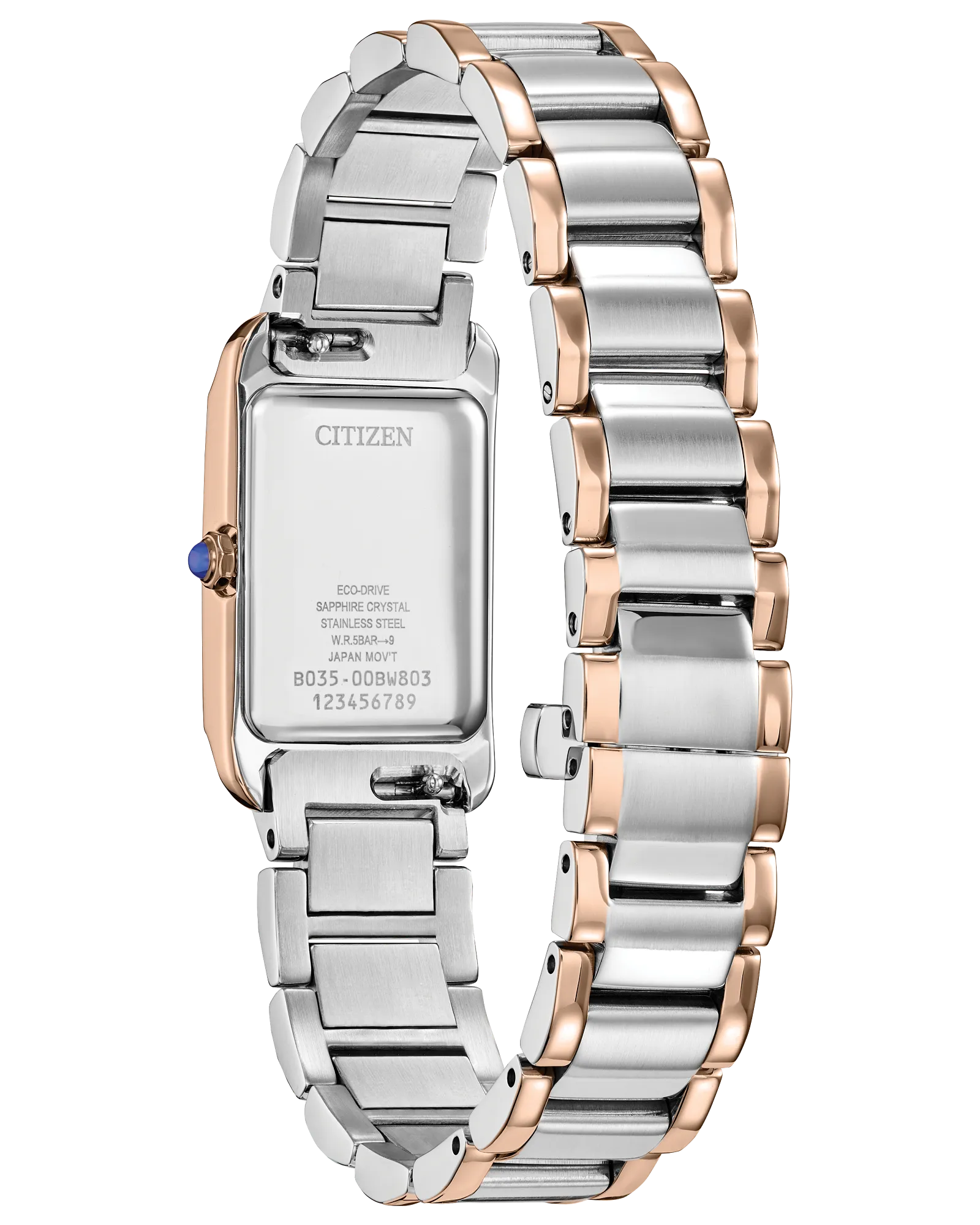 Close-up perspective of the Citizen Citizen L Bianca Ladies’ Watches highlighting the texture and design. A curved rectangular shape defines the watch’s 32.4mm silhouette, with a triple link bracelet rounding out the look.