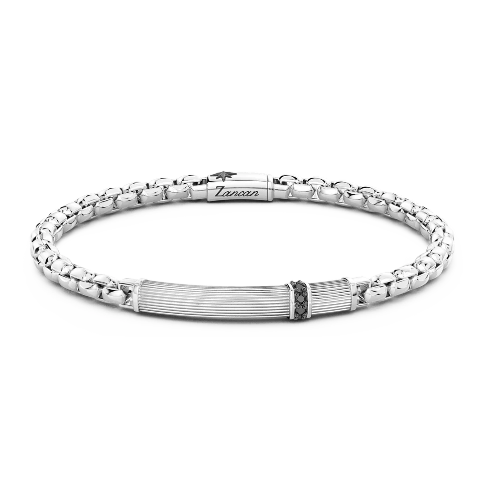 Silver Bracelet with Tag and Black Stones