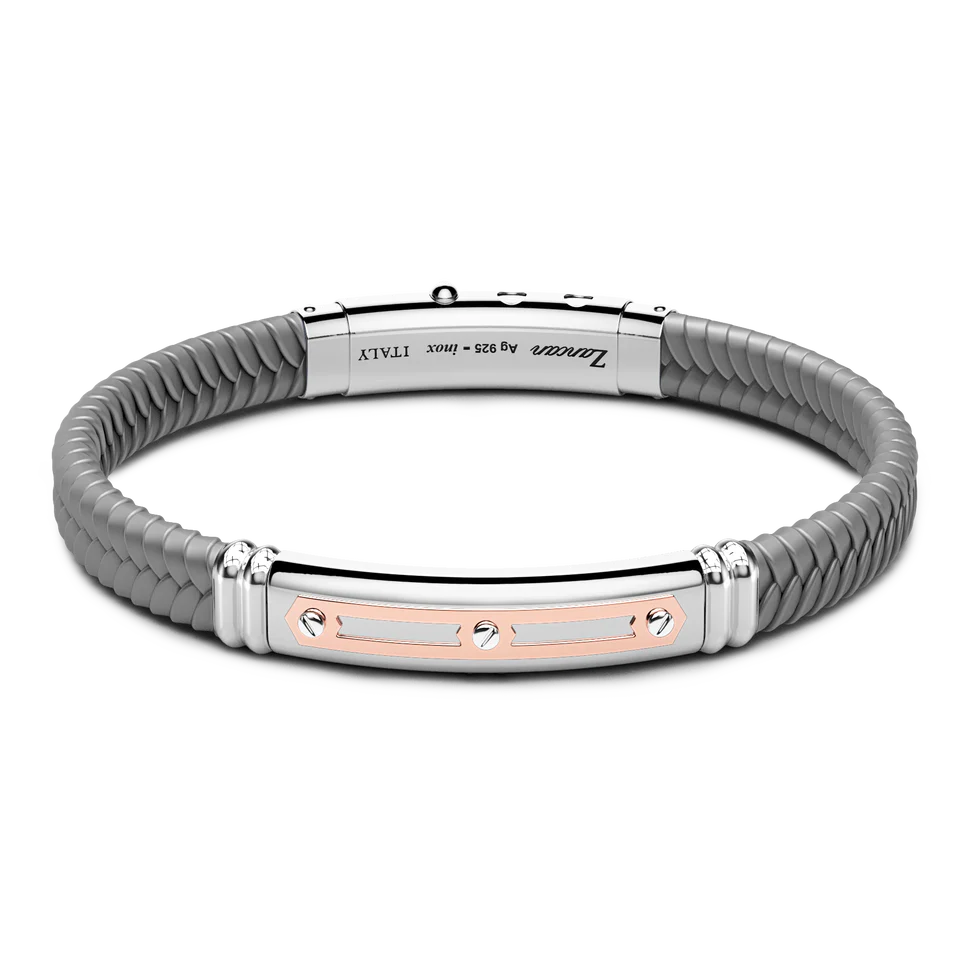 Gray Silicone Bracelet with Silver Tag & Rose Gold Details