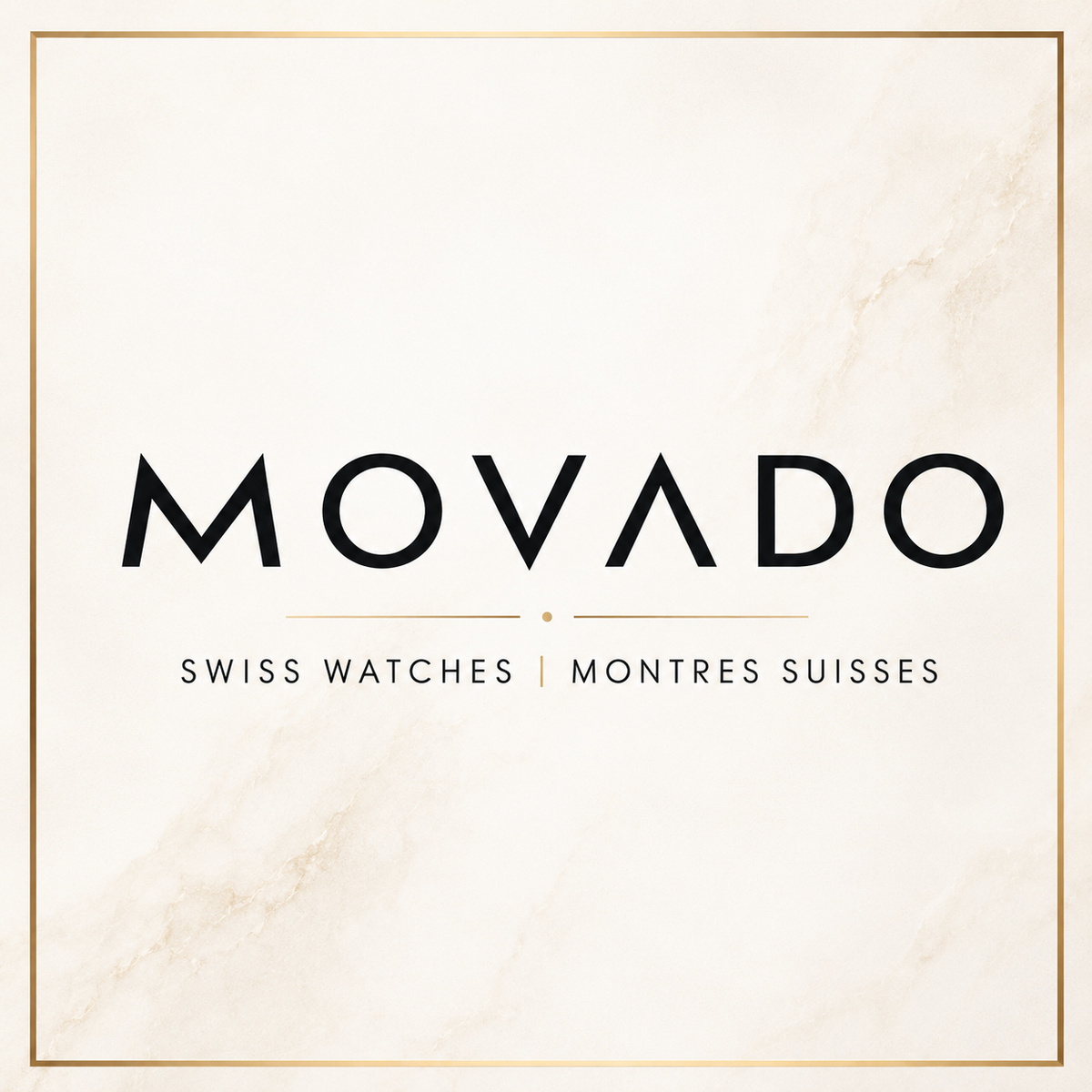 A square promotional graphic for MOVADO Swiss Watches, featuring the brand name in bold black letters over a light beige marble-textured background with a thin gold border. Click to shop Movado brand at Bijouterie Caprices - Laval