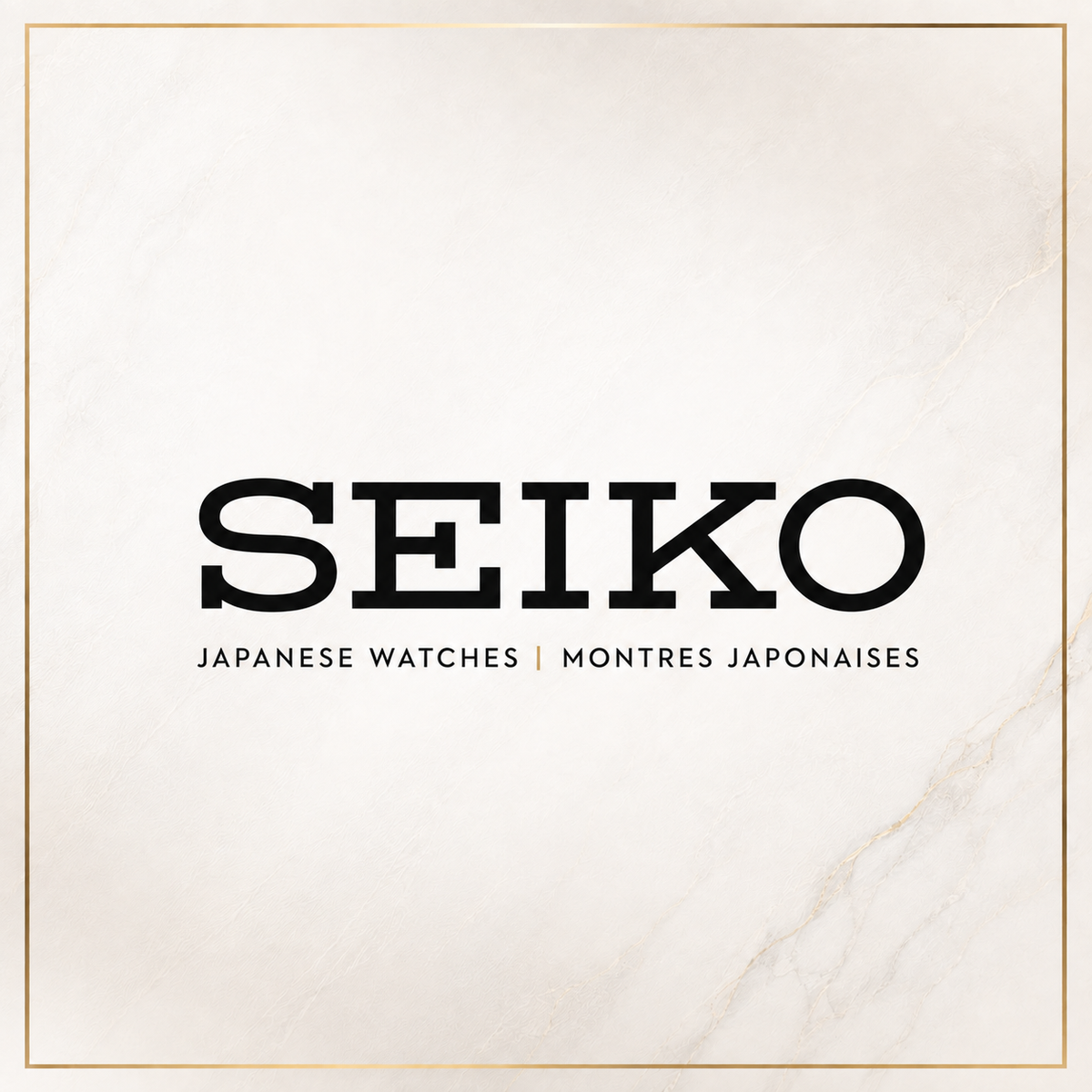 A square promotional graphic with a light marble background and a thin gold border. Centered black text reads 'SEIKO' with smaller text below reading 'JAPANESE WATCHES | MONTRES JAPONAISES'. Click to shop Seiko brand at Bijouterie Caprices - Laval