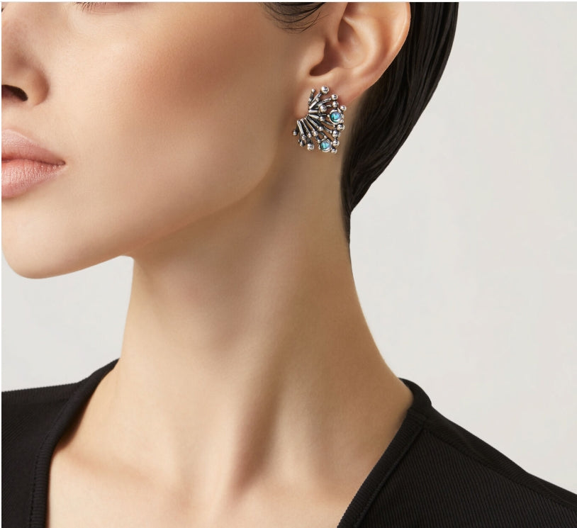 Detailed craftsmanship view of the Giovanni Raspini Fireworks Earrings. Each stone catches the light with an enchanting play of iridescent hues, creating a dazzling effect reminiscent of celebratory sparkles.