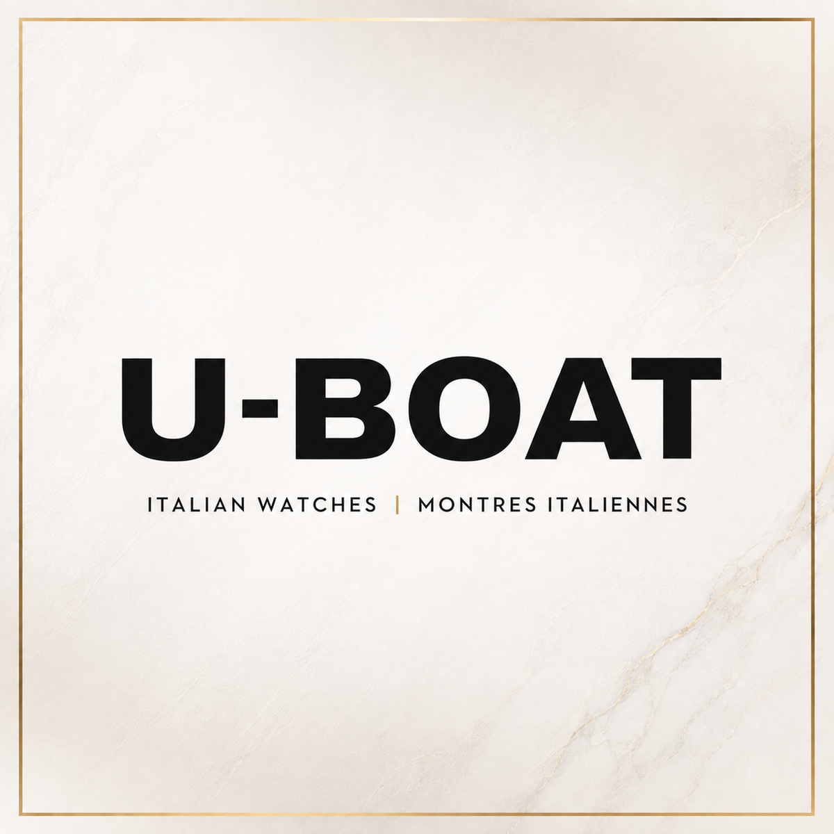 A square promotional graphic with a cream marble background and a thin gold border. Large black text reads “U-BOAT,” with smaller text below reading “ITALIAN WATCHES | MONTRES ITALIENNES. Click to shop U-Boat brand at Bijouterie Caprices - Laval