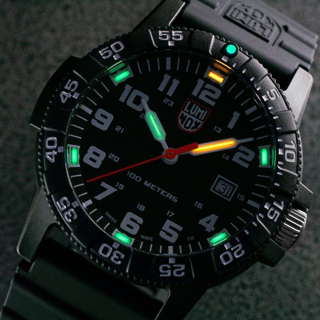 Lifestyle display layout for the Luminox Canada Leatherback Sea Turtle Giant 0321.L Swiss Watch. "Always Visible", independent of energy, for up to 25 years.