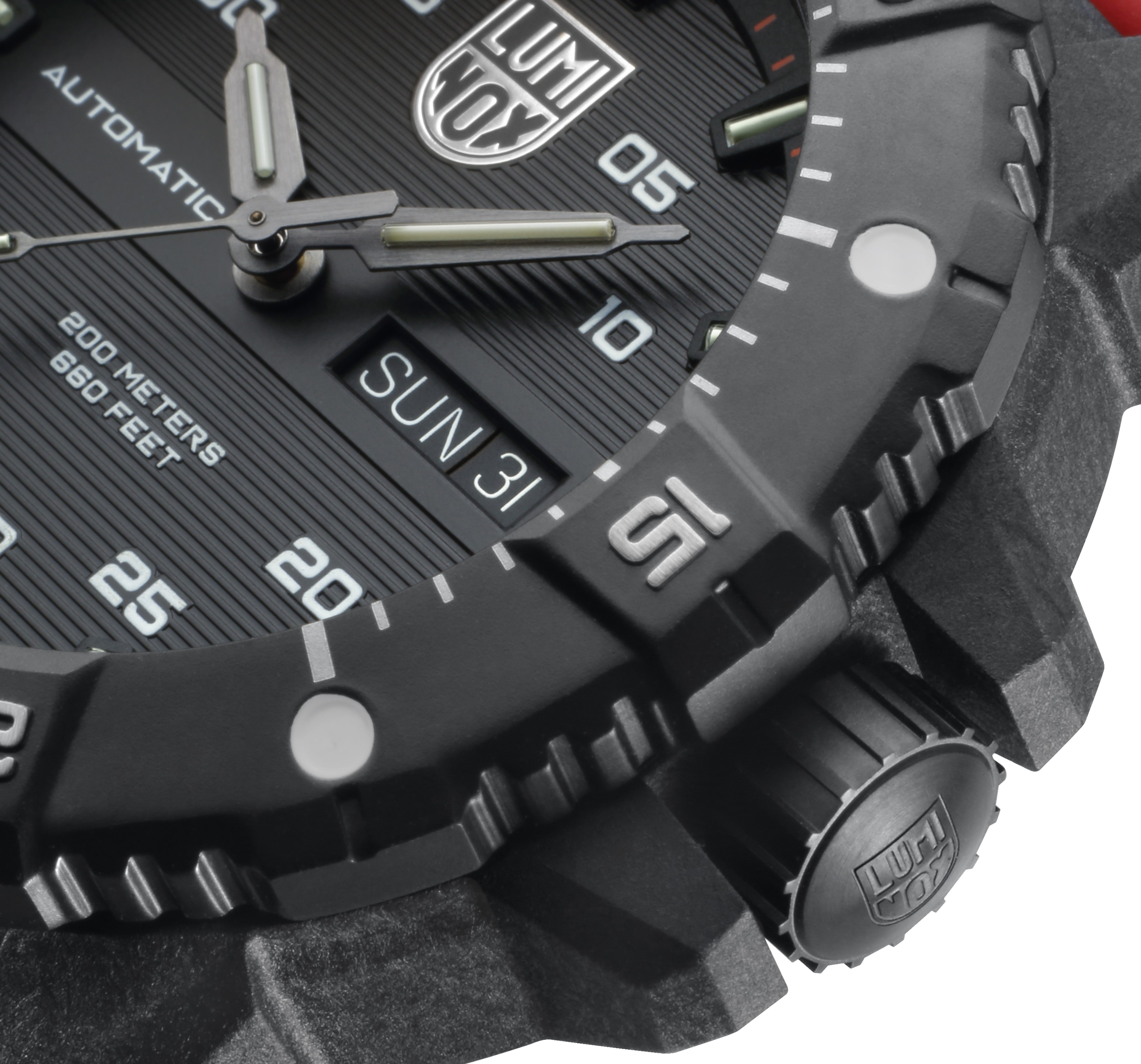 Alternate product view of the Luminox Canada Master Carbon SEAL Automatic XS.3875 Swiss Watch. 3860 SERIES, 45 mm - Swiss Automatic Movement - CARBONOX™+ is three times lighter than titanium - Superior Tensile Strength and scratch resistance Main Characteristics  Swiss Made Constant glow for up to 25 years in any light condition 45mm Diameter 200 meters Water Resistance, 20 ATM, 660 feet, individually tested Swiss Automatic Movement – SELLITA SW 220-1 CARBONOX™+ Case 316L Stainless Stee