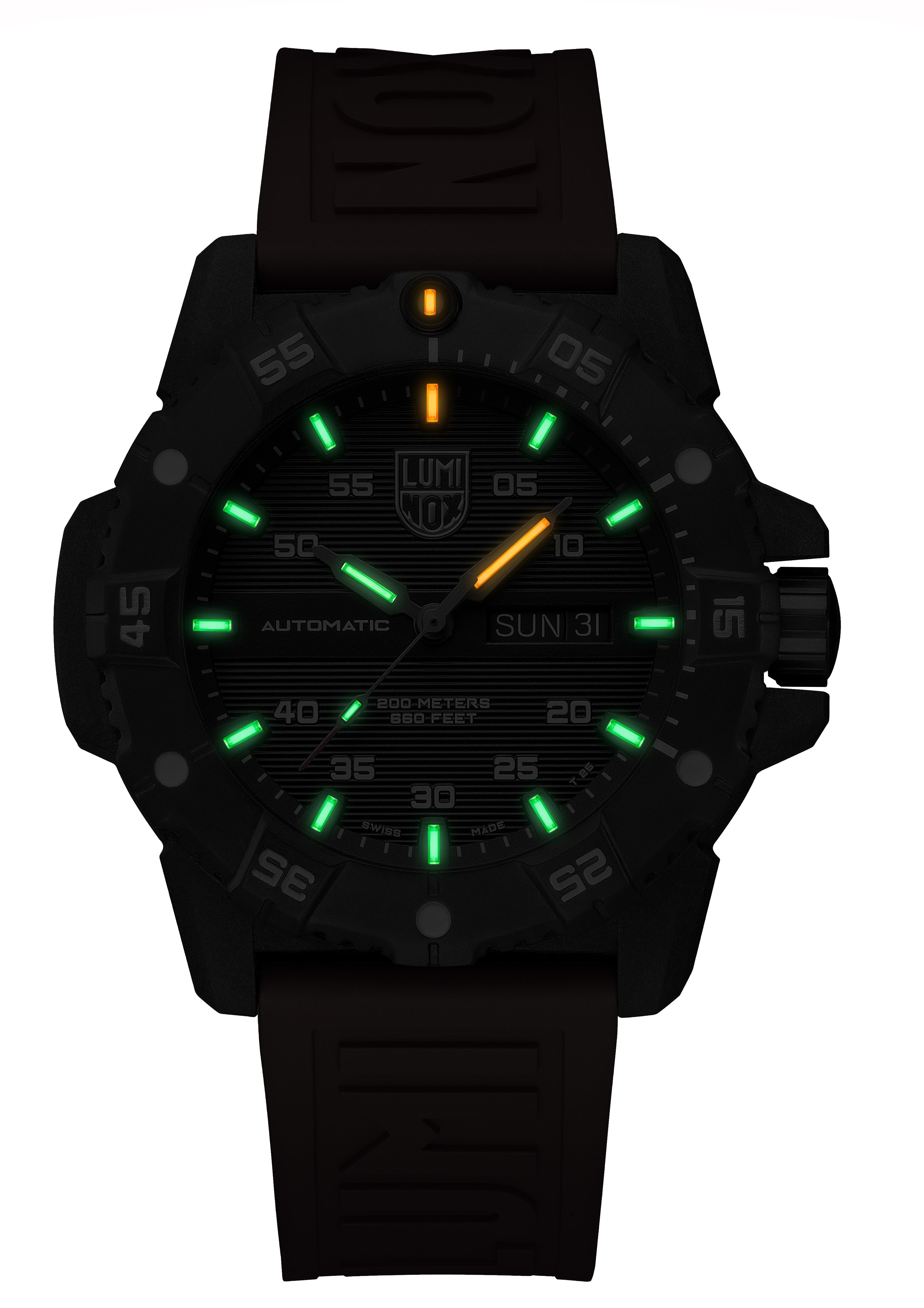 Lifestyle display layout for the Luminox Canada Master Carbon SEAL Automatic XS.3875 Swiss Watch. 3860 SERIES, 45 mm - Swiss Automatic Movement - CARBONOX™+ is three times lighter than titanium - Superior Tensile Strength and scratch resistance Main Characteristics  Swiss Made Constant glow for up to 25 years in any light condition 45mm Diameter 200 meters Water Resistance, 20 ATM, 660 feet, individually tested Swiss Automatic Movement – SELLITA SW 220-1 CARBONOX™+ Case 316L Stainless S