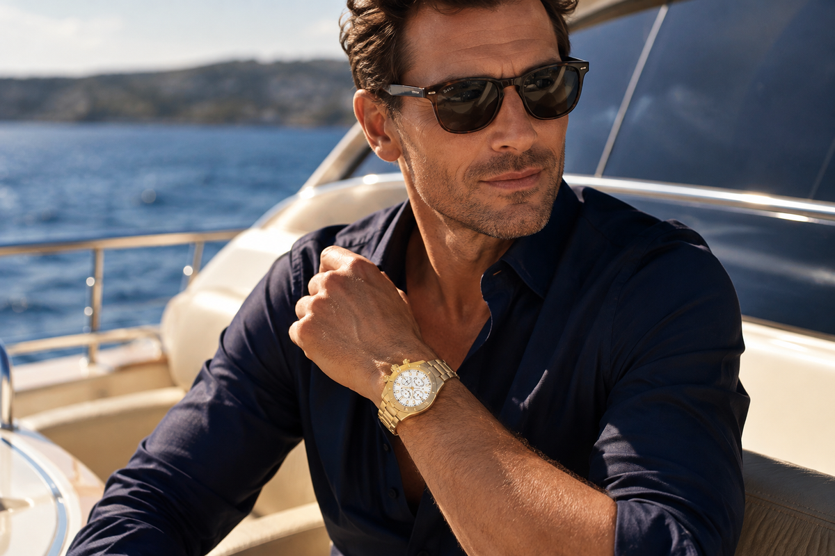 A man wearing dark sunglasses and a navy shirt sits on a yacht by the water, wearing a gold-tone wristwatch with a white dial. Shop Mens watches at Bijouterie Caprices - Laval