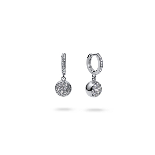 Discover the Unoaerre Silver drop earrings Gea. Rhodium-plated silver hoop earrings with dangling spheres and white cubic zirconia pavÃƒÂ©.
