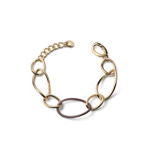 Discover the Unoaerre Oval chain bracelet Ladies Bracelets. Gold-plated silver bracelet with oval chain and chocolate ceramic link decoration.