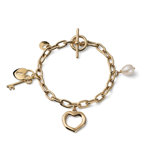 Discover the Unoaerre Golden silver bracelet with charms Ladies Bracelets. Golden silver bracelet with cable chain, charm with natural white pearl, openwork heart, key and padlock charms, T-bar clasp.