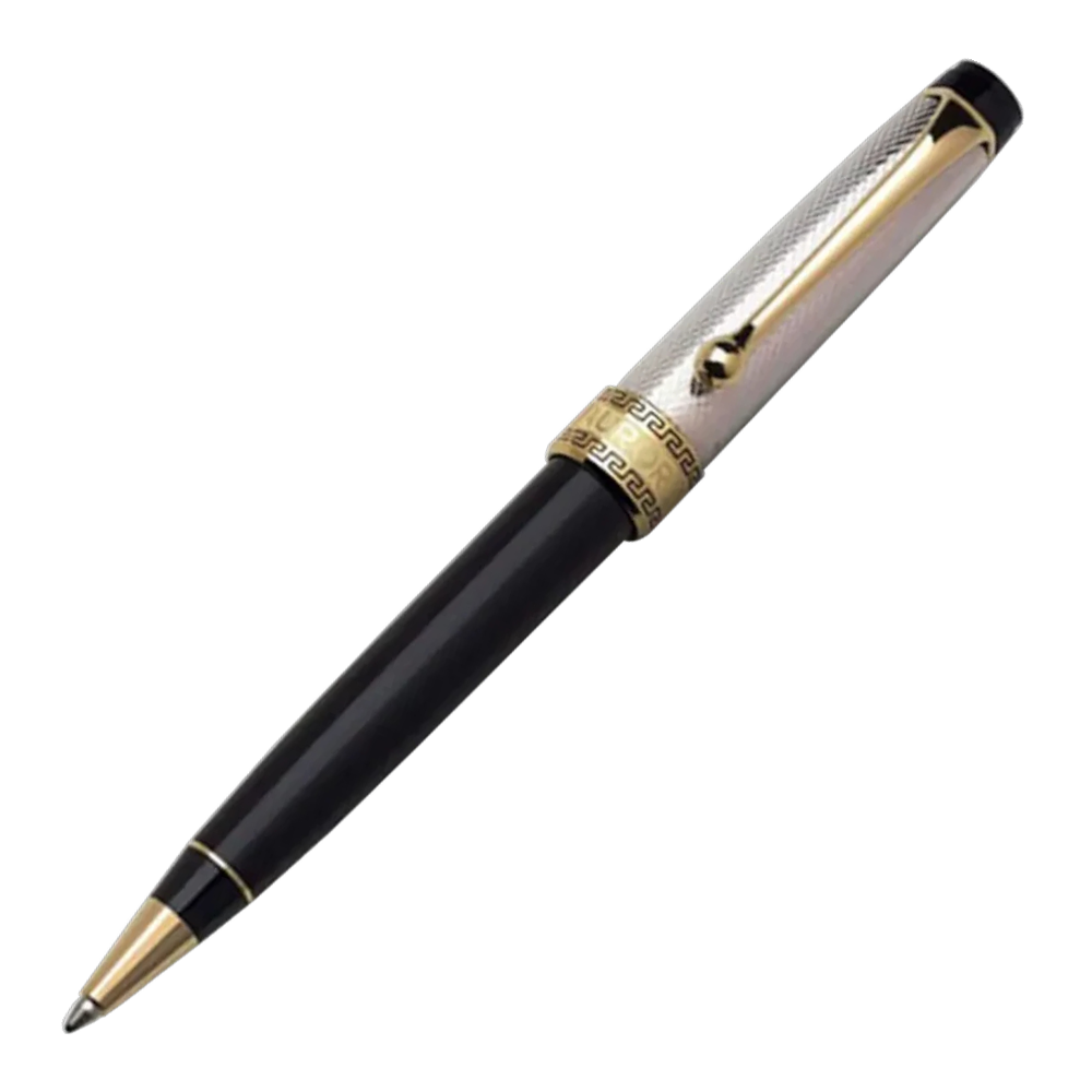 Discover the Aurora Argento Massiccio Pen. Elevate your writing with the Argento Massiccio, a sophisticated ballpoint pen crafted from 925 solid silver with striking gold trim accents and a sleek black barrel.