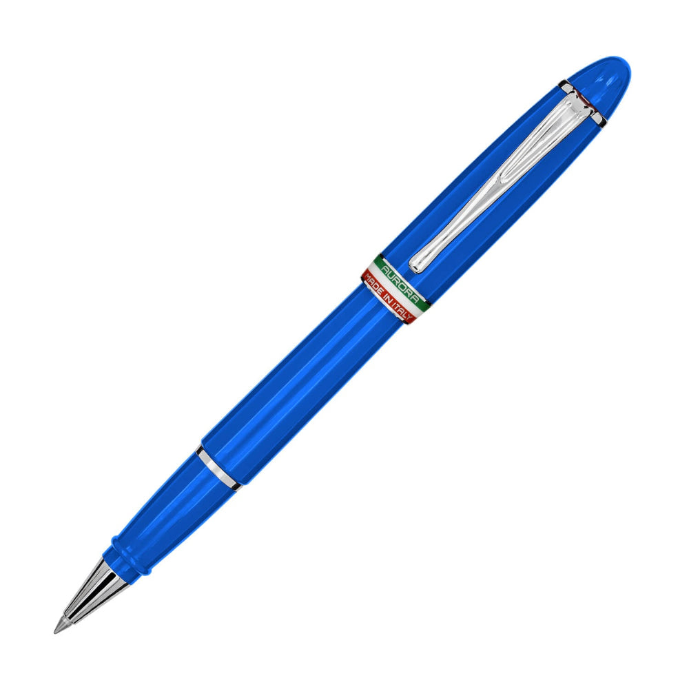 Discover the Aurora Ipsilon Italia Pen. Roller pen, light blue resin cap and barrel, chrome trims.
