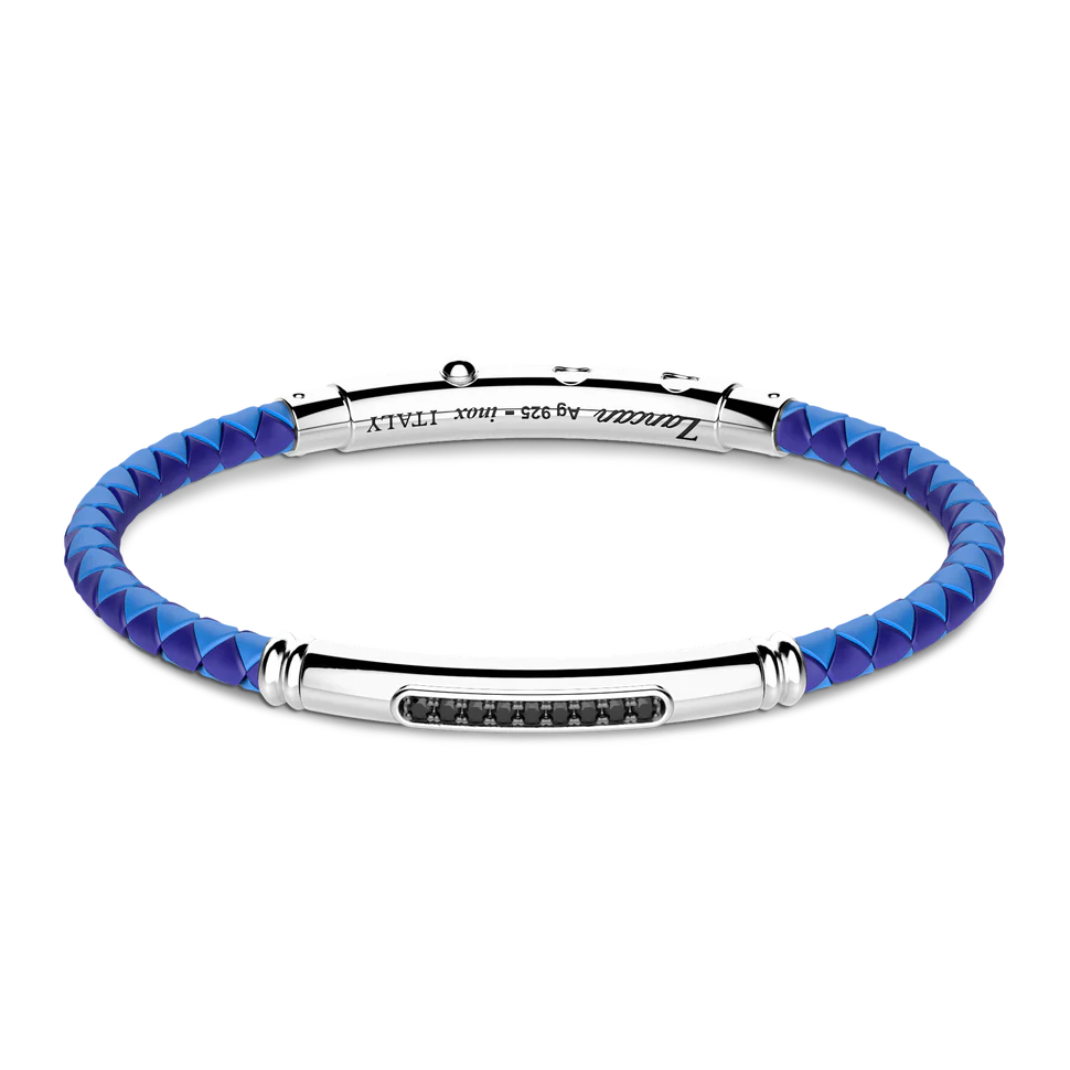 Blue Silicone Bracelet with Silver Tag & Black Stones