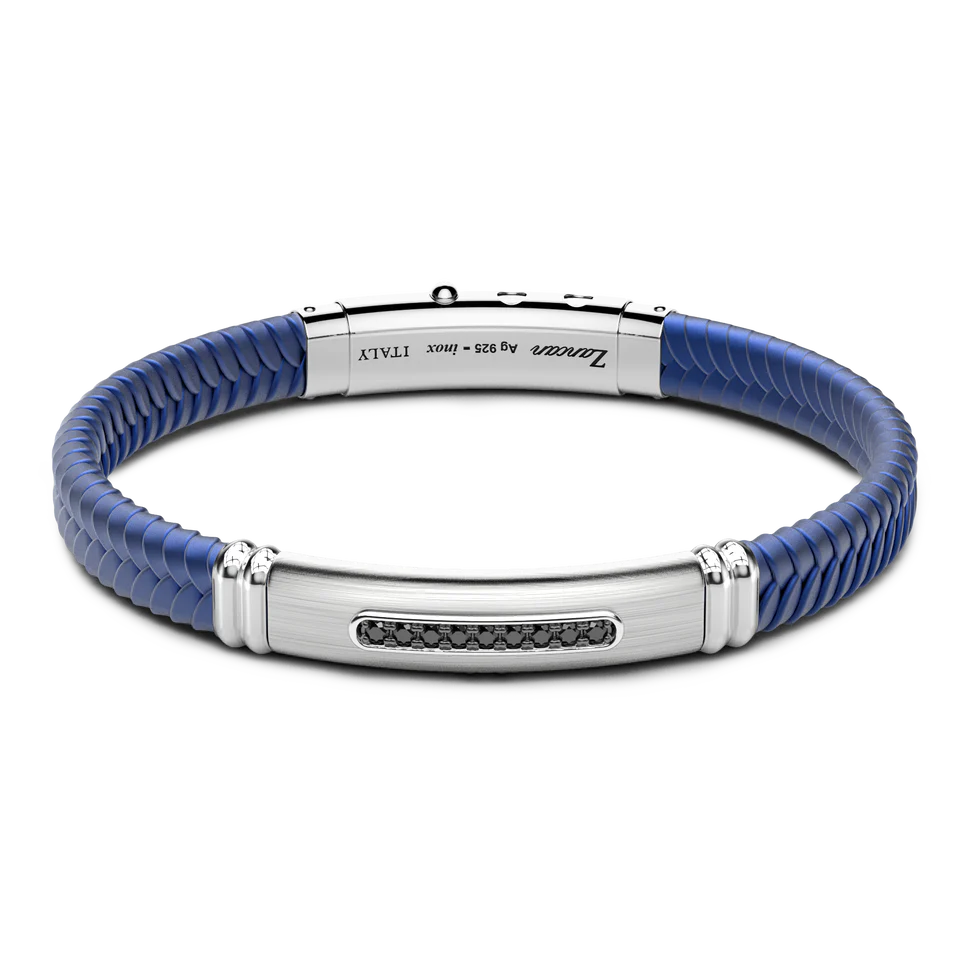 Blue Silicone Bracelet with Silver Tag & Black Stones