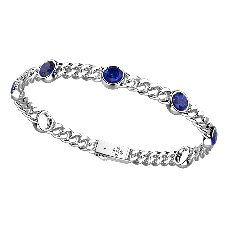 Silver Curb Chain Bracelet with Lapis Lazuli Stones