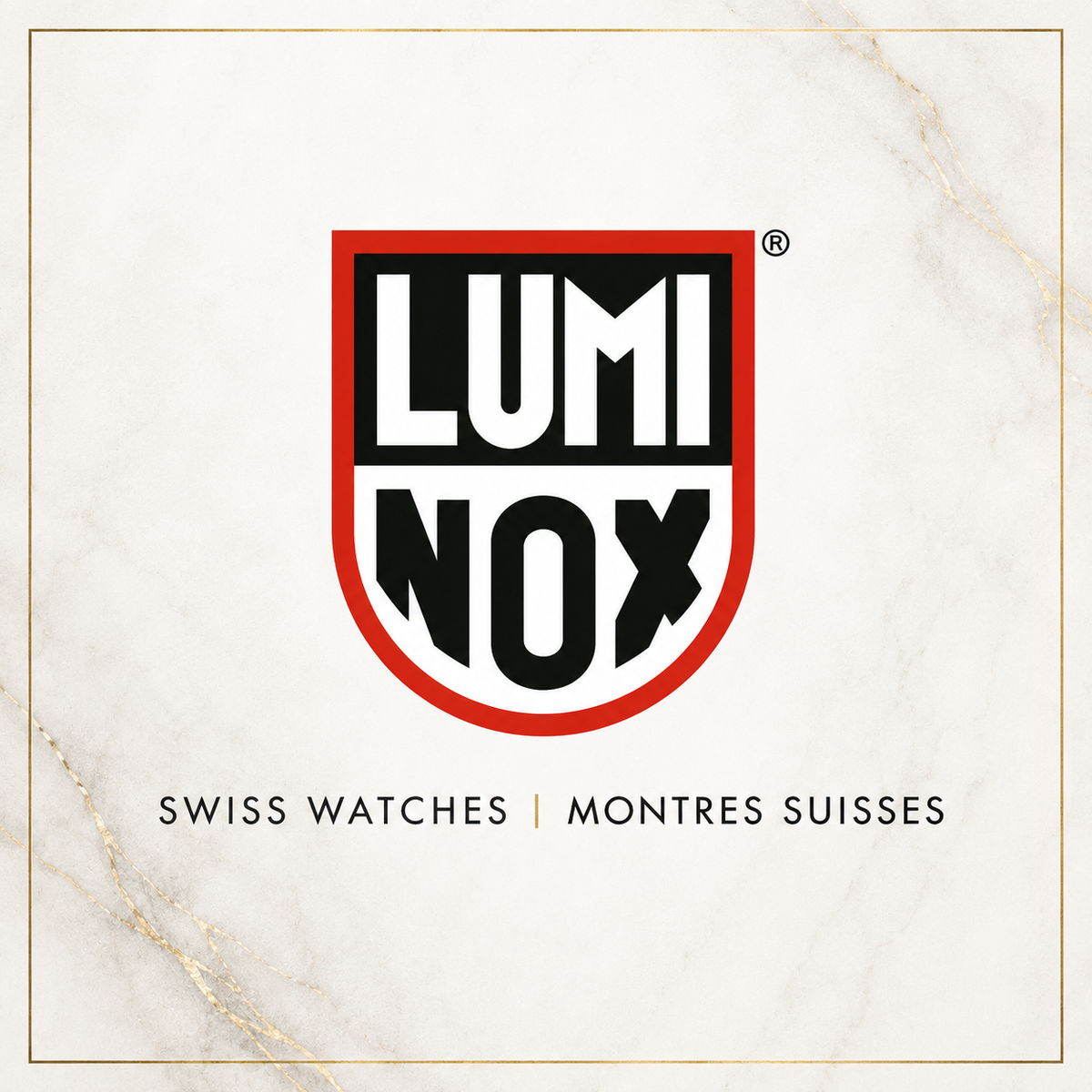 Lumi Nox brand logo centered on a light marble background with the text 'SWISS WATCHES | MONTRES SUISSES' below. Click to shop Luminox brand at Bijouterie Caprices - Laval