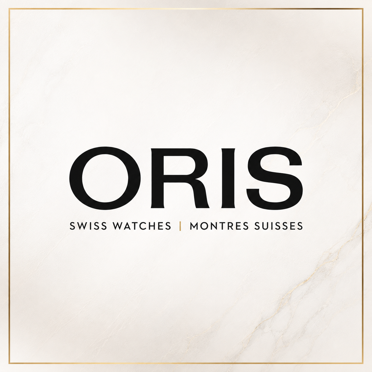 A square promotional graphic with a cream marble background and a thin gold border. Large black text reads ORIS, with smaller text below reading SWISS WATCHES | MONTRES SUISSES. Click to shop ORIS brand at Bijouterie Caprices - Laval