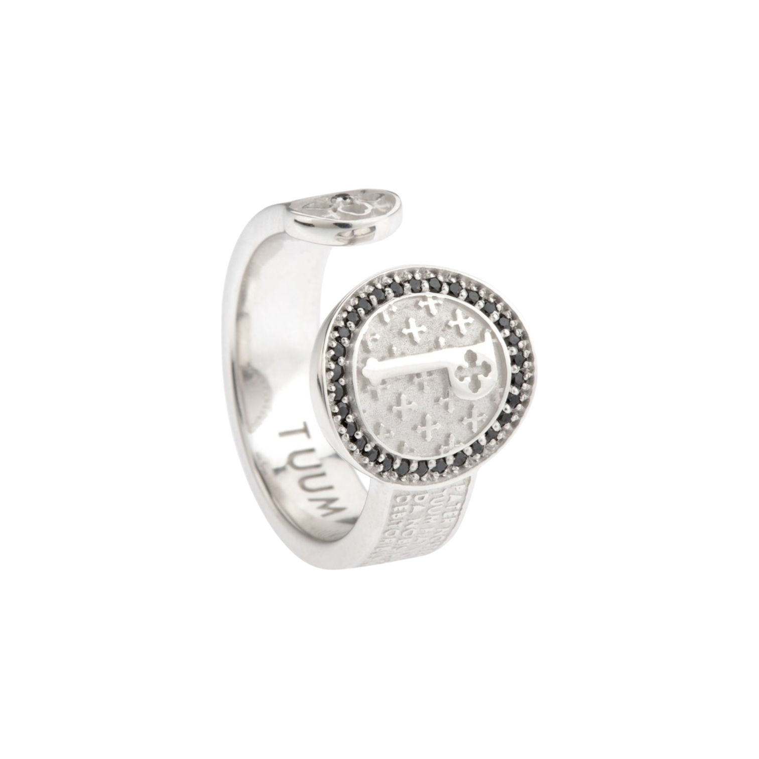 INFINITUUM PATER IN RHODIUM SILVER WITH BLACK SPINELS AND BLACK DIAMOND