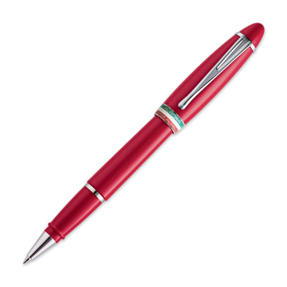 Discover the Aurora Ipsilon Italia Pen. Roller, red resin cap and barrel, chrome trims.