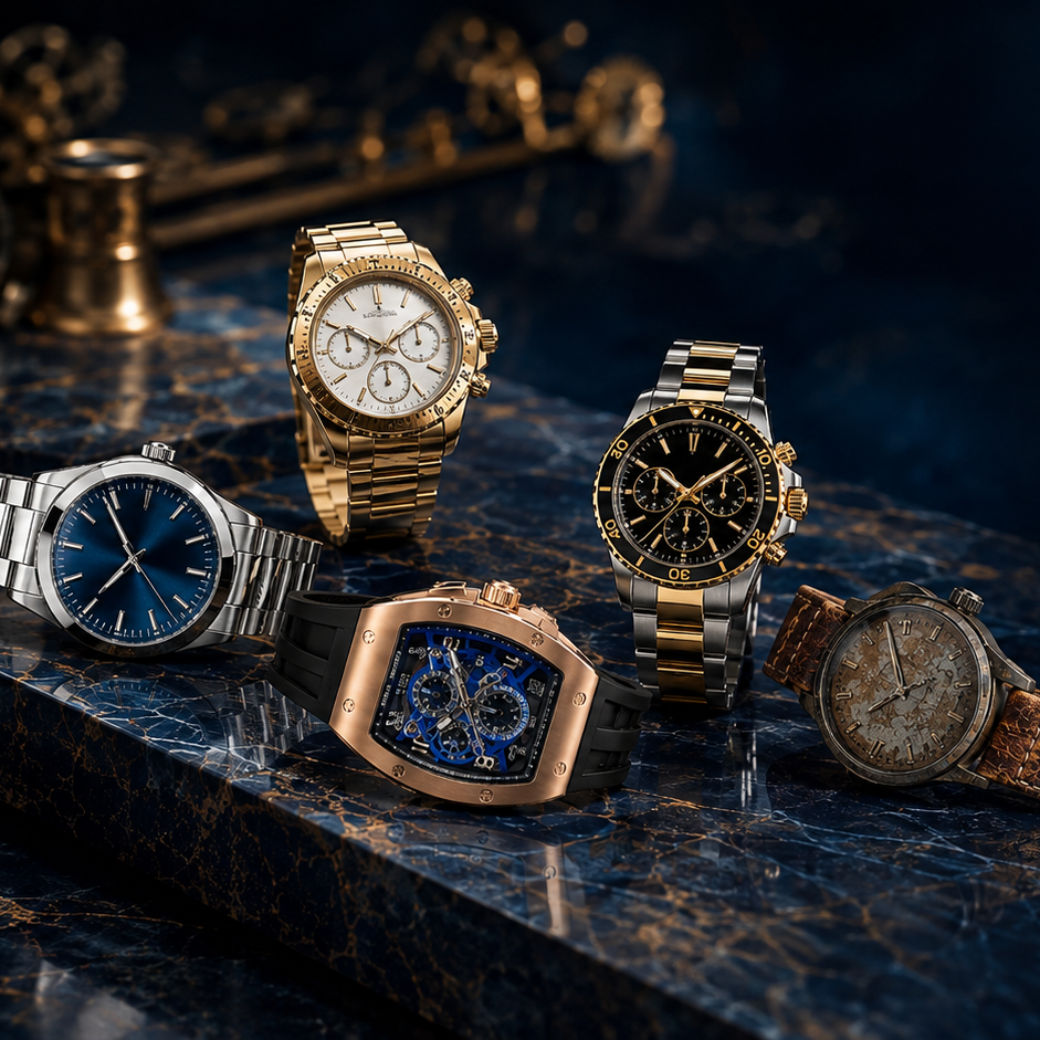 Five luxury wristwatches in various metal and dial finishes arranged on a dark, polished marble surface with a blurred dark background. Italian, Japenese and Swiss luxury watches shop at Bijouterie Caprices - Laval